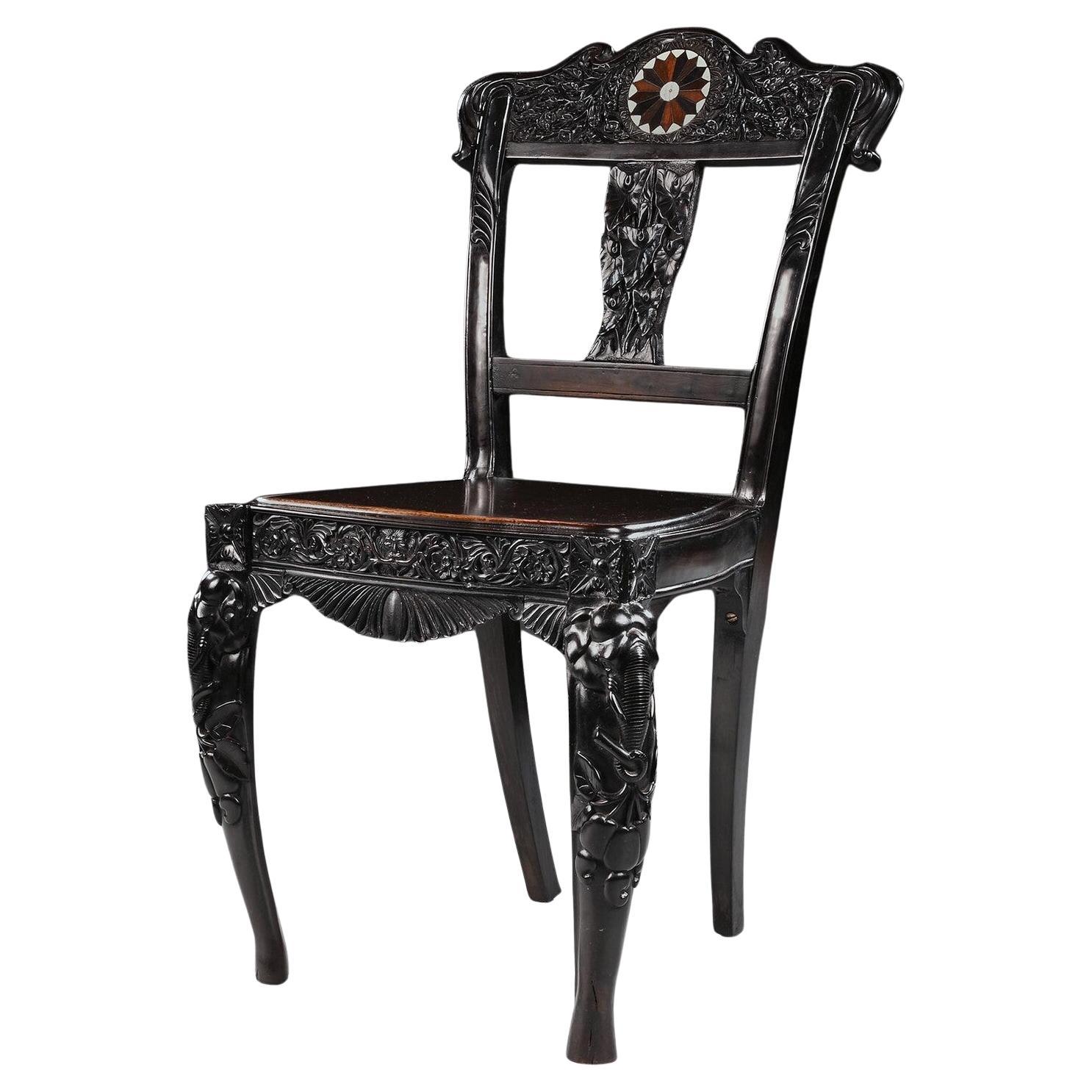 Ceylonese 19th Century Carved Ebony Side Chair with Specimen Inlay Galle Distric