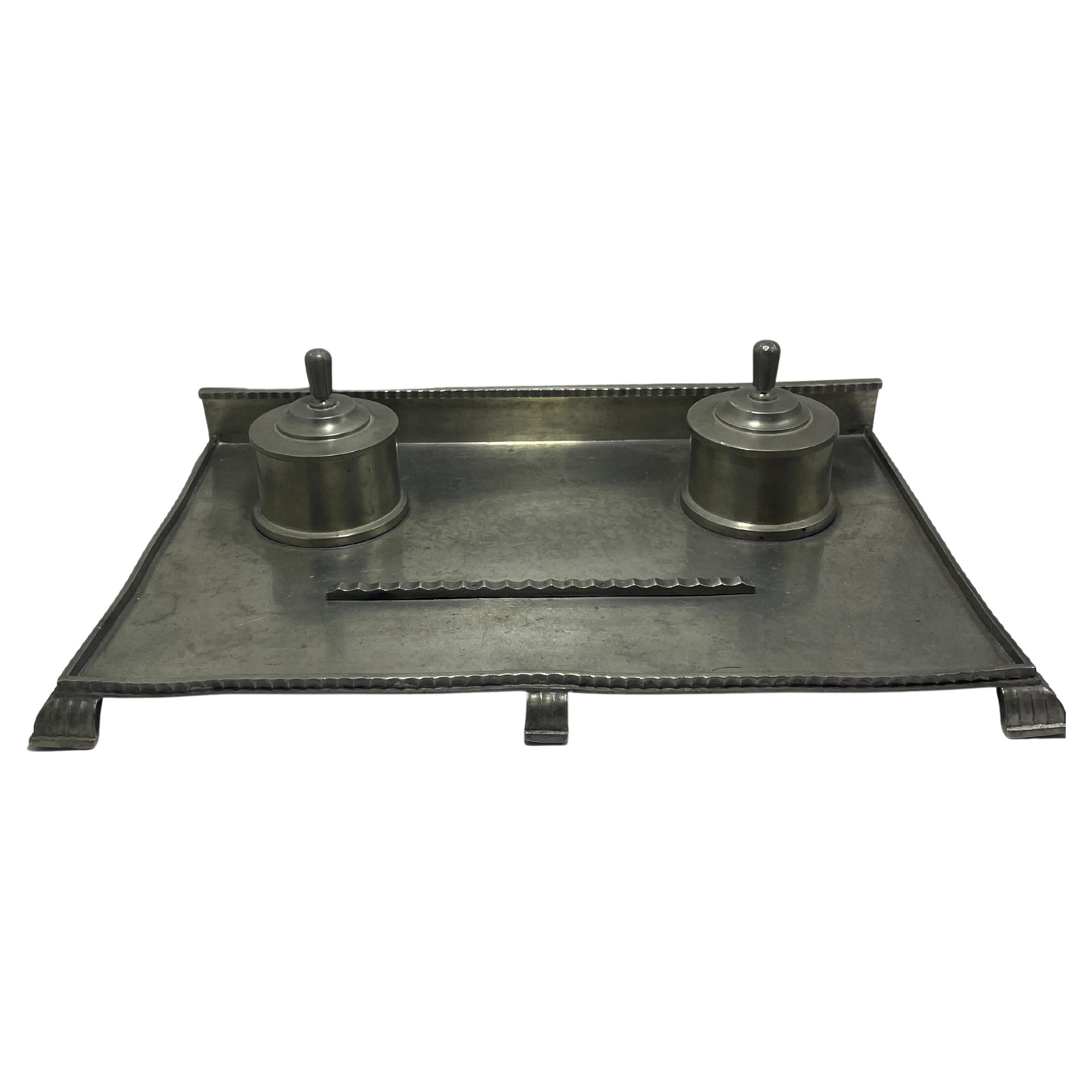 Swedish Art Deco Hammered Pewter Double Inkwell by CG Hallberg, 1931