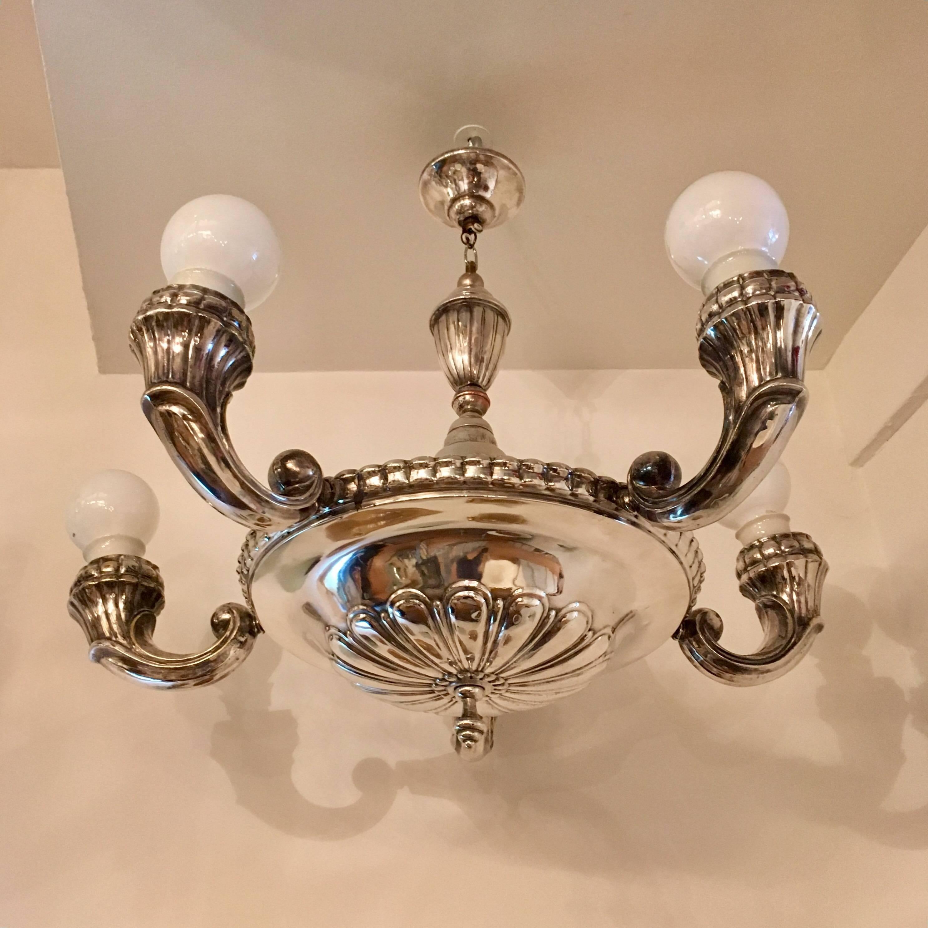 A 1920s silver plated five-arm chandelier made by the Swedish maker, CG Hallberg. Newly rewired.