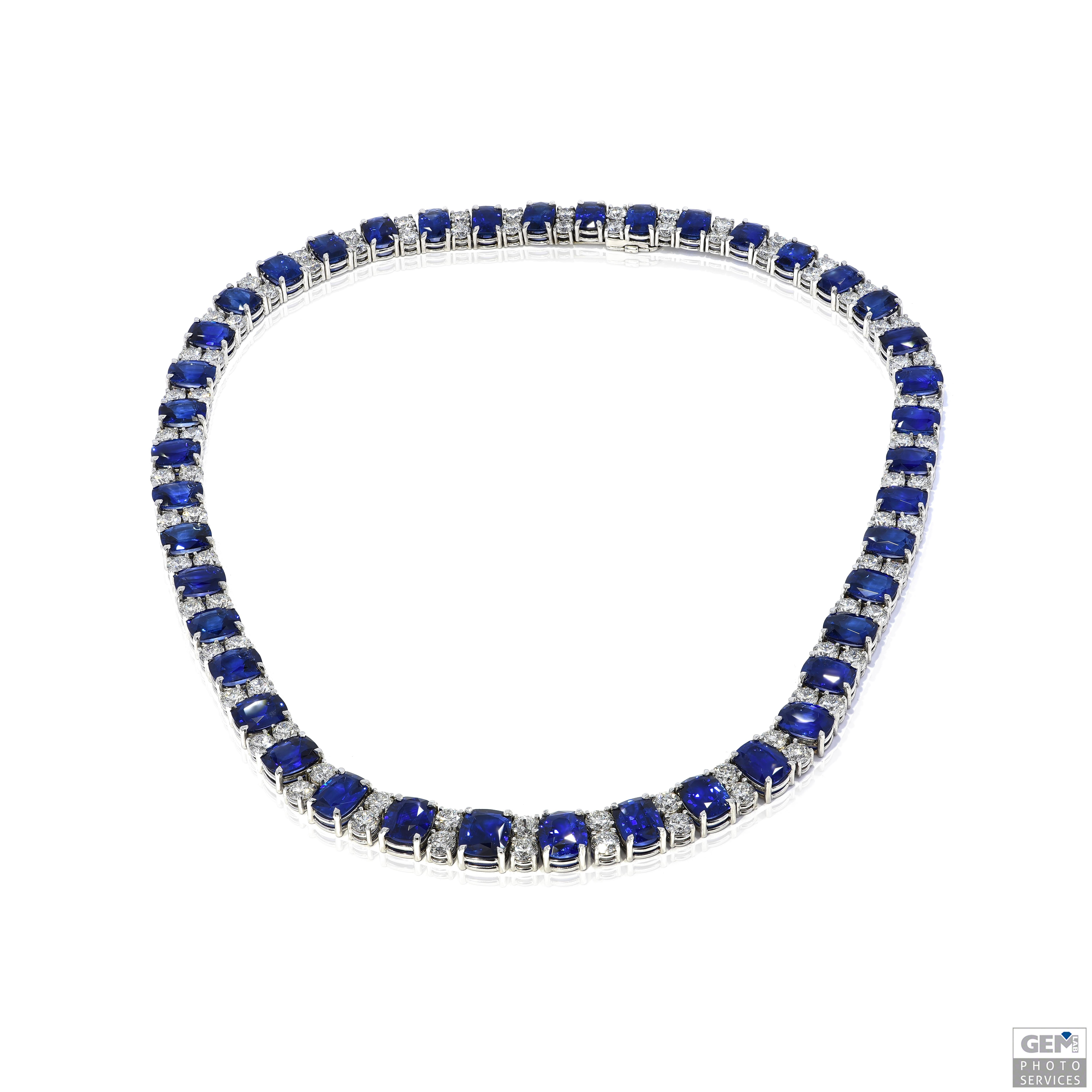 Contemporary 18kt White Gold Bracelet Set Necklace Earring Sapphire Diamonds  CGL Certified For Sale