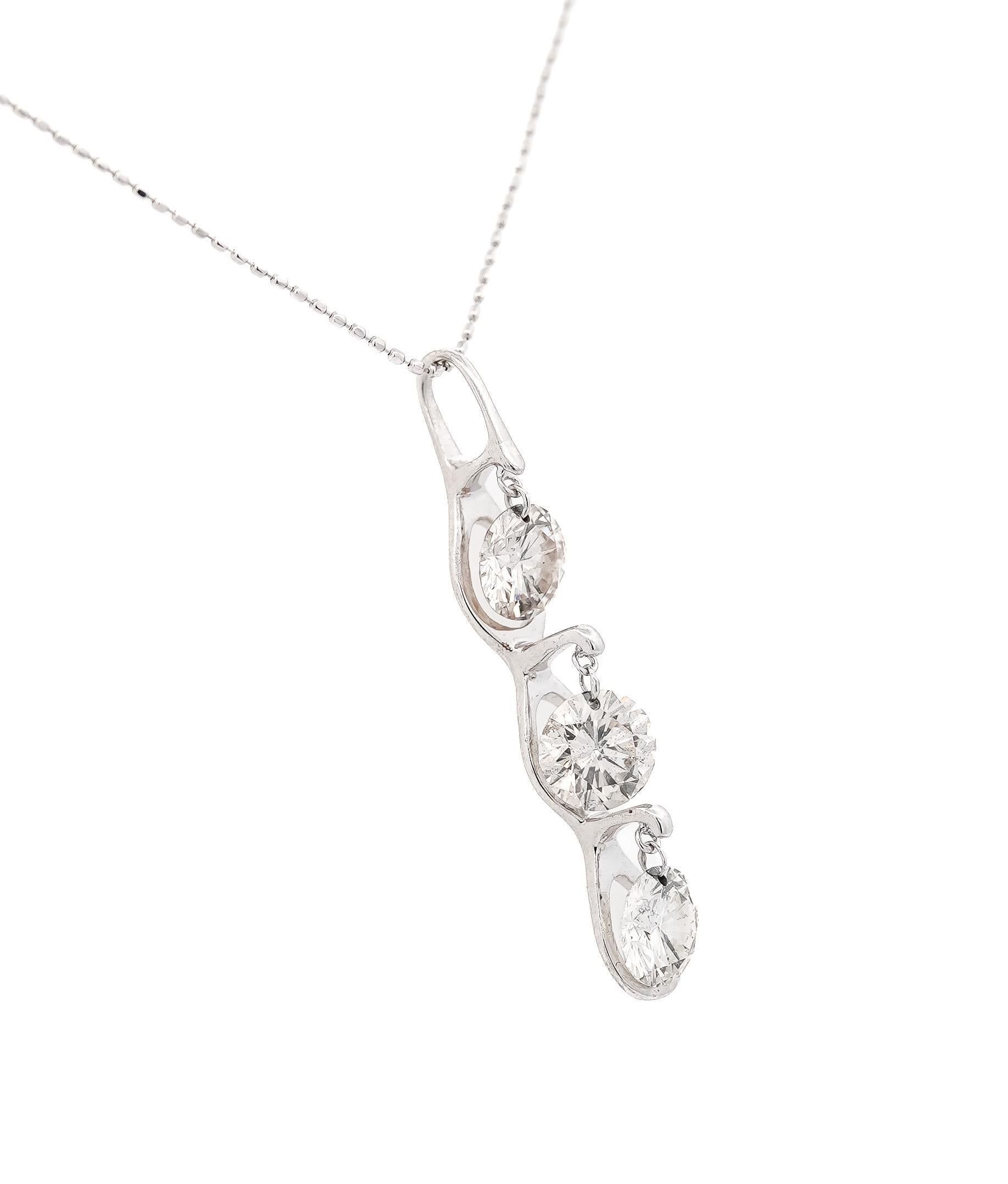 CGL Certified 3.38 Carat Diamond Dangle Pendant Necklace in 18K White Gold. Hand made with a unique setting featuring 3 round cut diamonds that dangle on top of each other. Suspended from their own respective links 

Item Details:
Item Type: Diamond