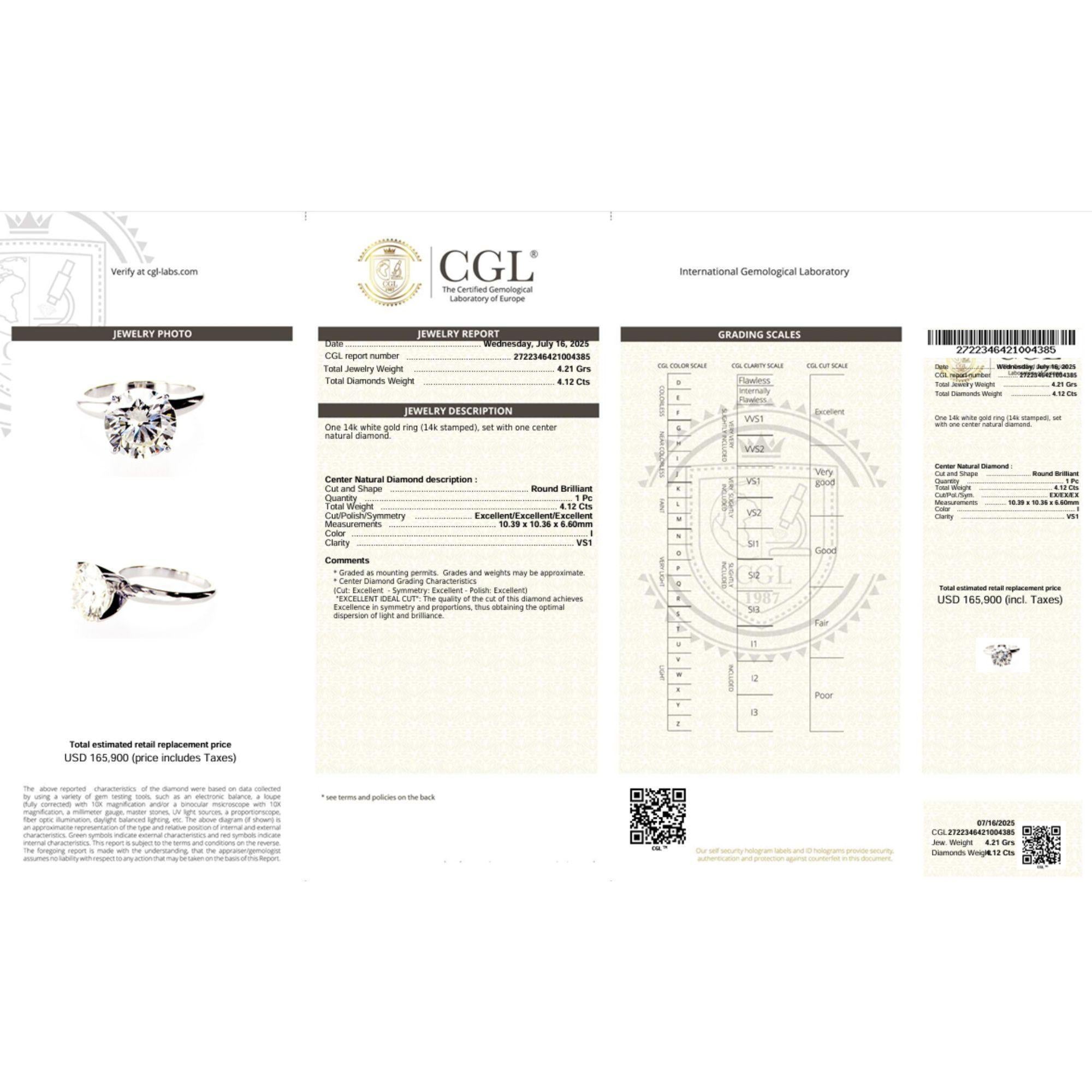 CGL zertifiziert 4,12 Karat I/VS1 Diamant 14K Weißgold Solitär Verlobungsring (Moderne) im Angebot