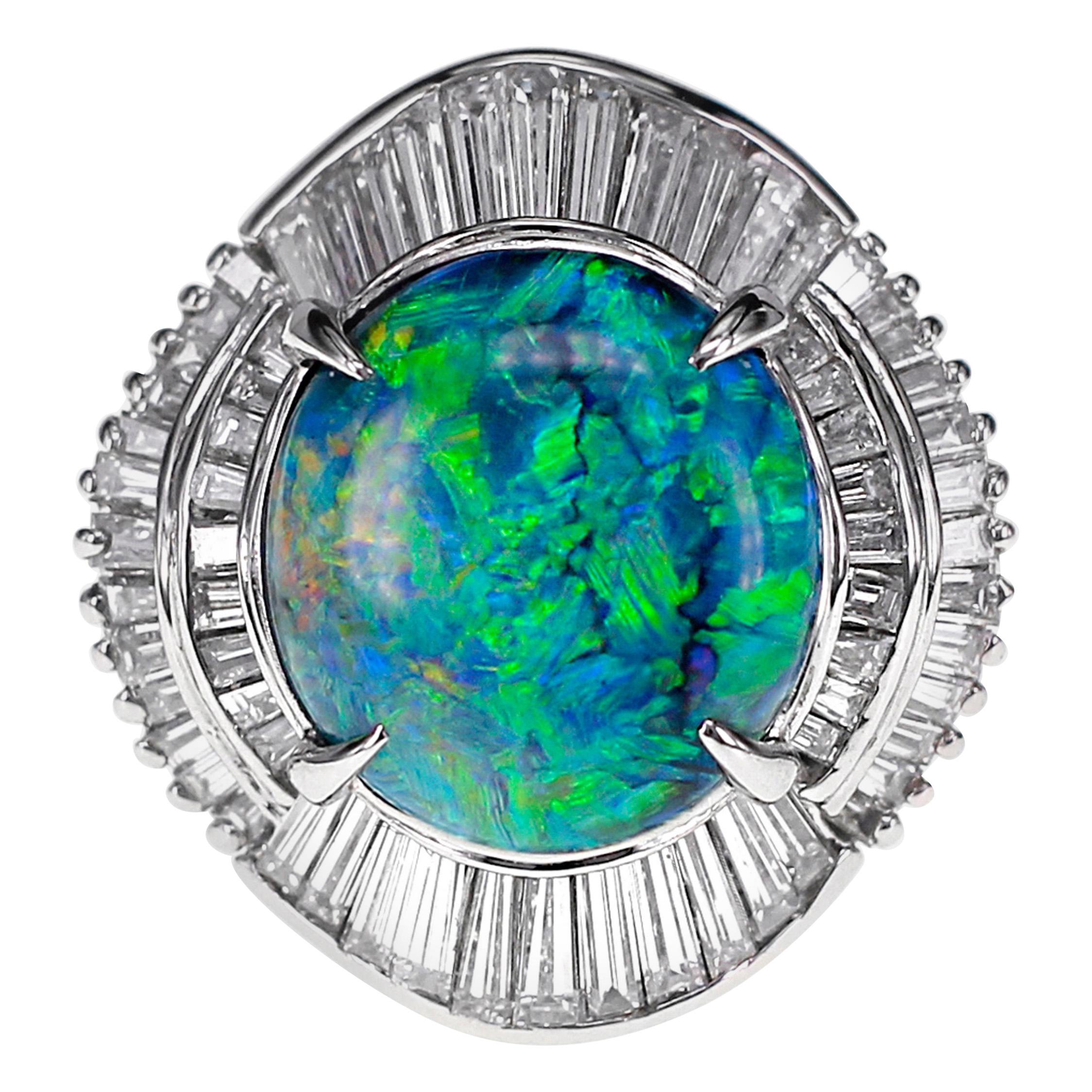 CGL Certified 4.88 Carat Australian Black Opal and Diamond Wedding Ring Platinum