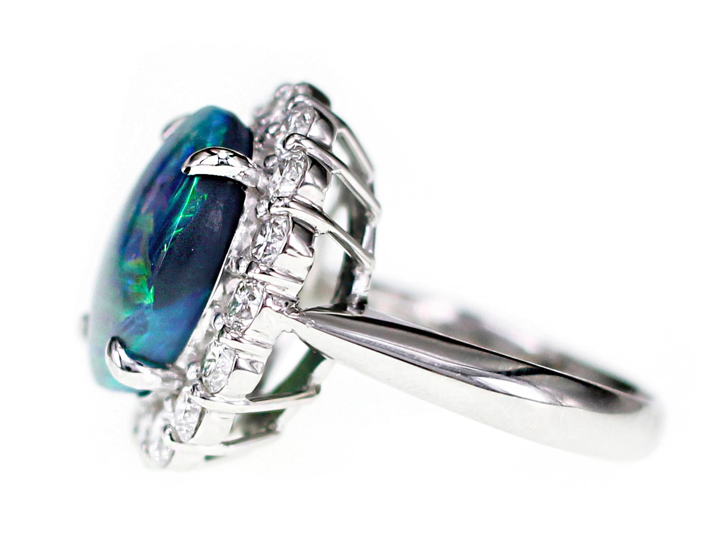 Art Nouveau CGL Certified 4.97 Carat Australian Lightening Ridge Black Opal and Diamond Ring