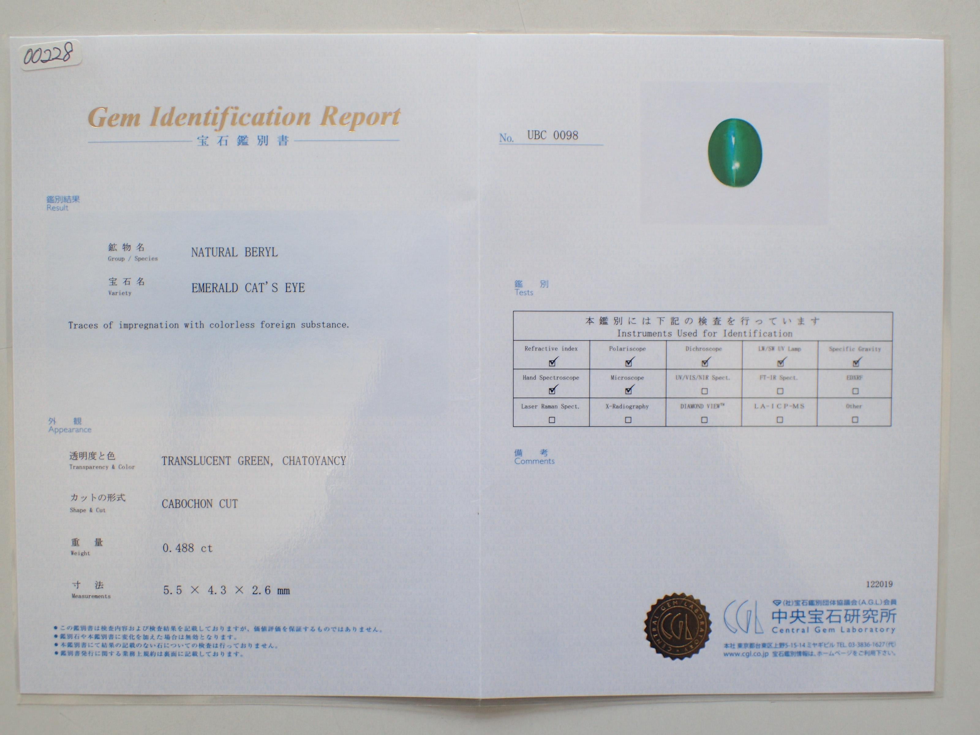 Cabochon CGL Certified 5.969/5.745 Ct Emerald Cat's Eye Earrings