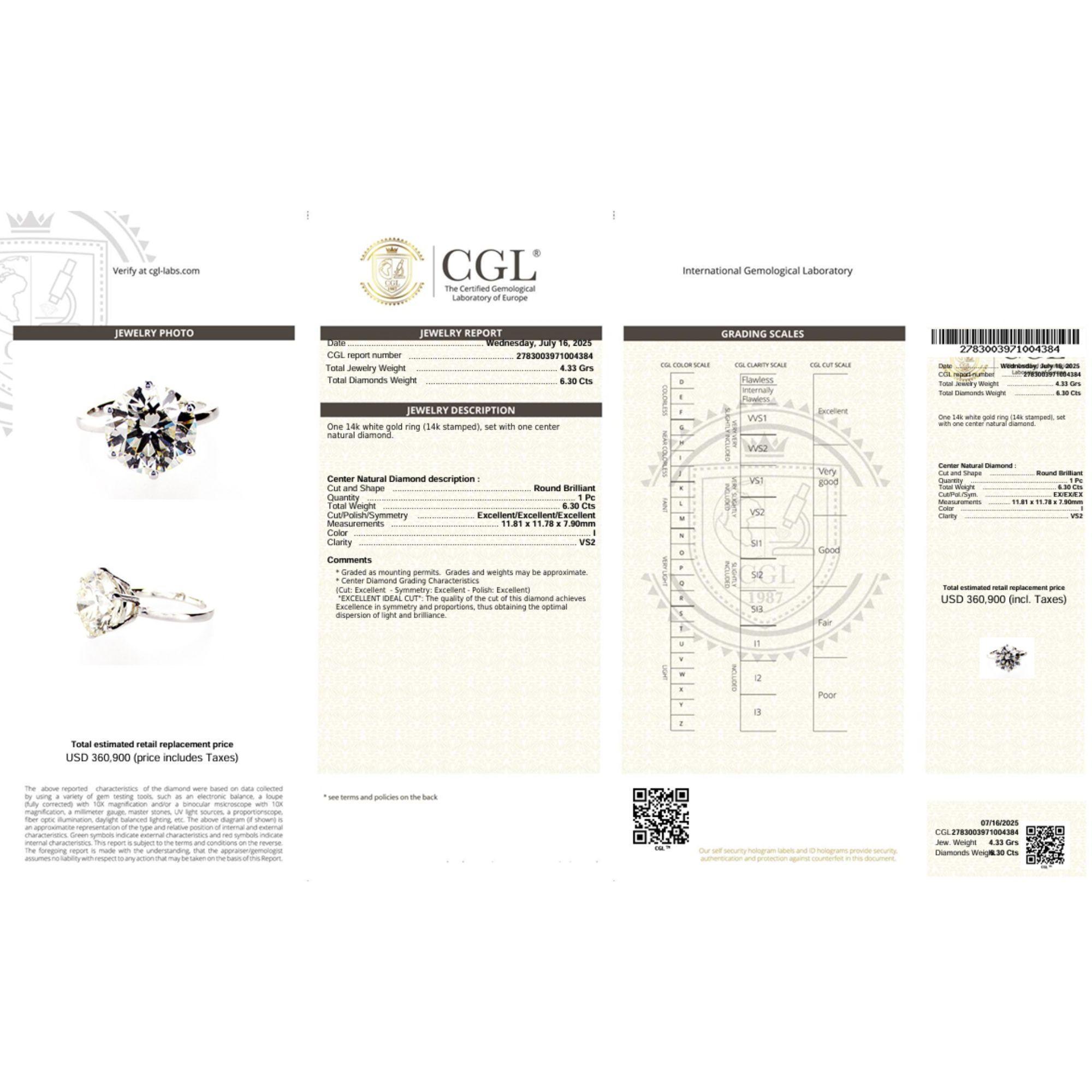 CGL zertifiziert 6,3 Karat I/VS2 Runde Diamant 14K Weißgold Solitär Verlobung (Moderne) im Angebot
