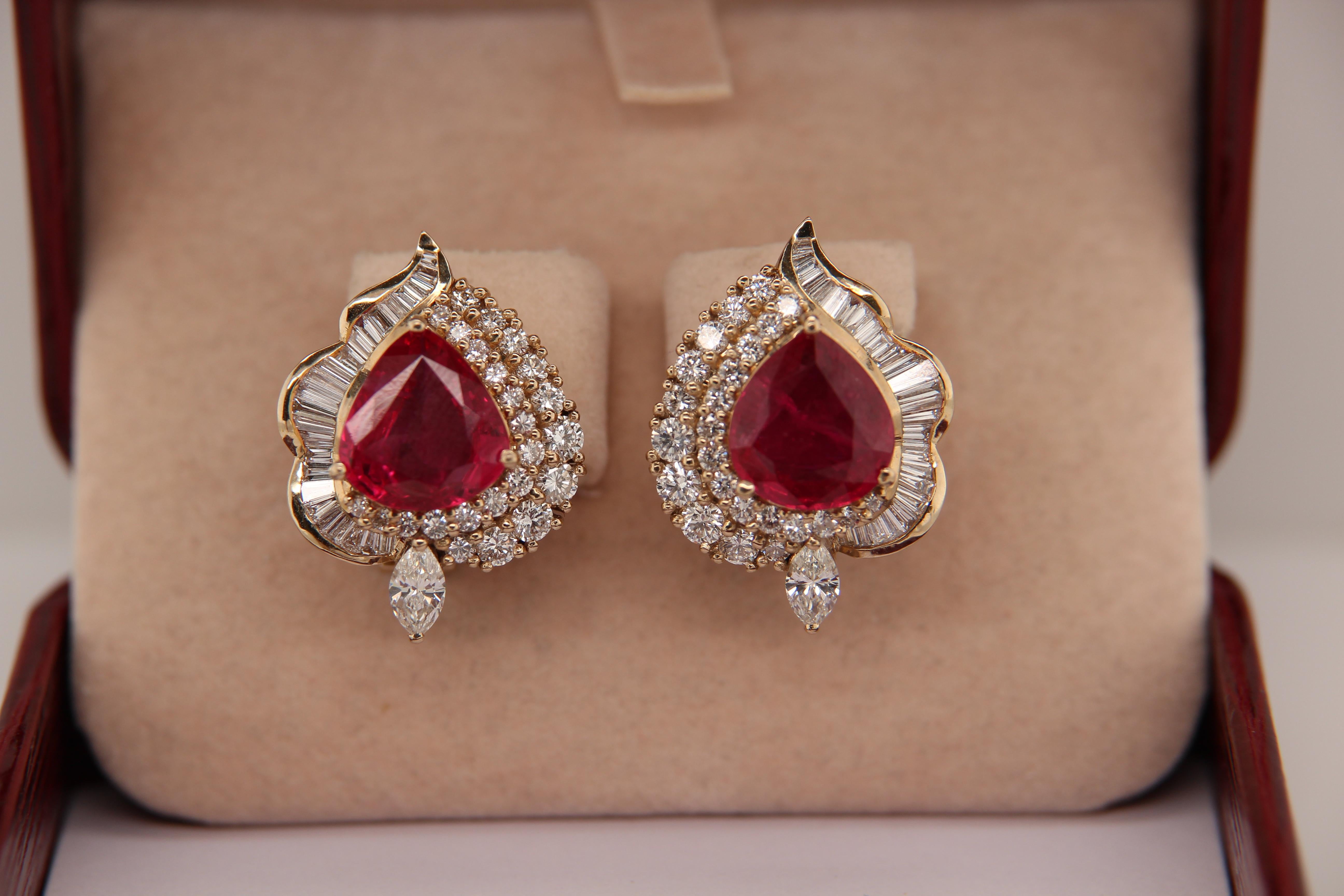 Pear Cut CGL Certified 7.04 Carat Thai Ruby and Diamond 18 Karat Gold Earring