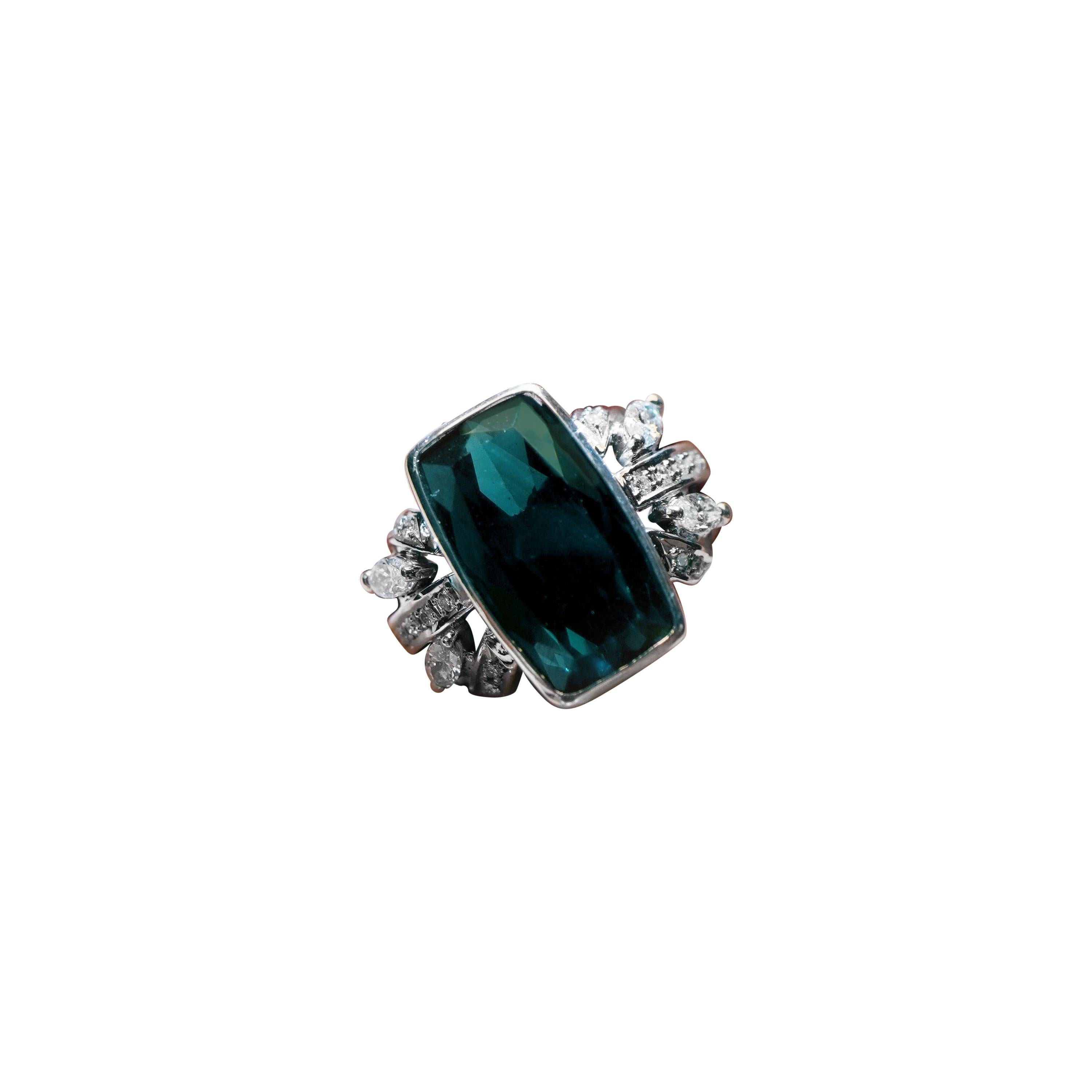 CGL Certified 9.24 Carat Indicolite Rare Tourmaline White Diamond Solitaire Ring