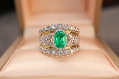 18K CGRL Certified 1 Carat Vivid Green Emerald Full Diamond Royal Cocktail Ring