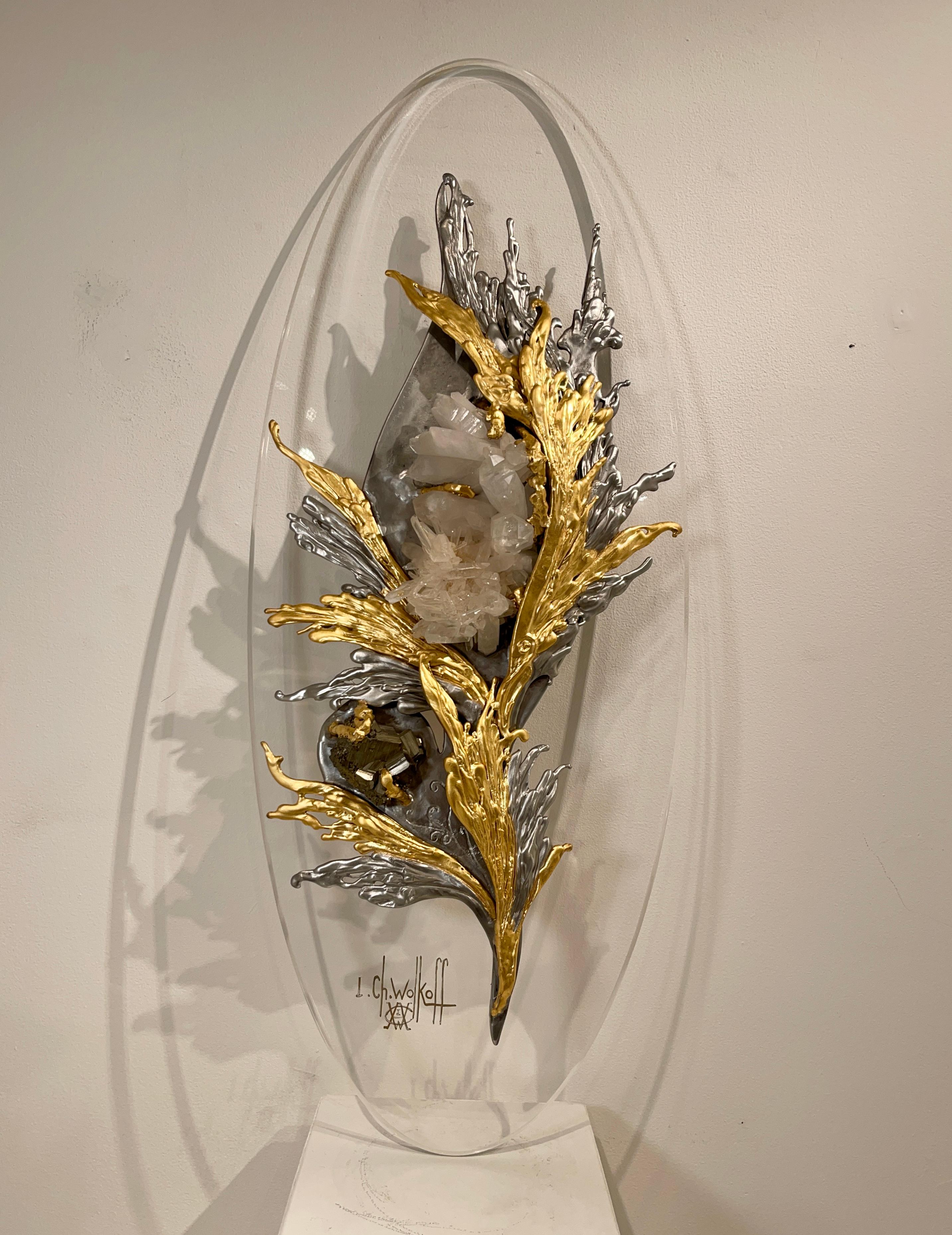 Ivan et Chantal Wolkoff. sculpture in lucite brass, metal and gemstone, quartz and pyrite. signed by the artist on the lucite and the metal.