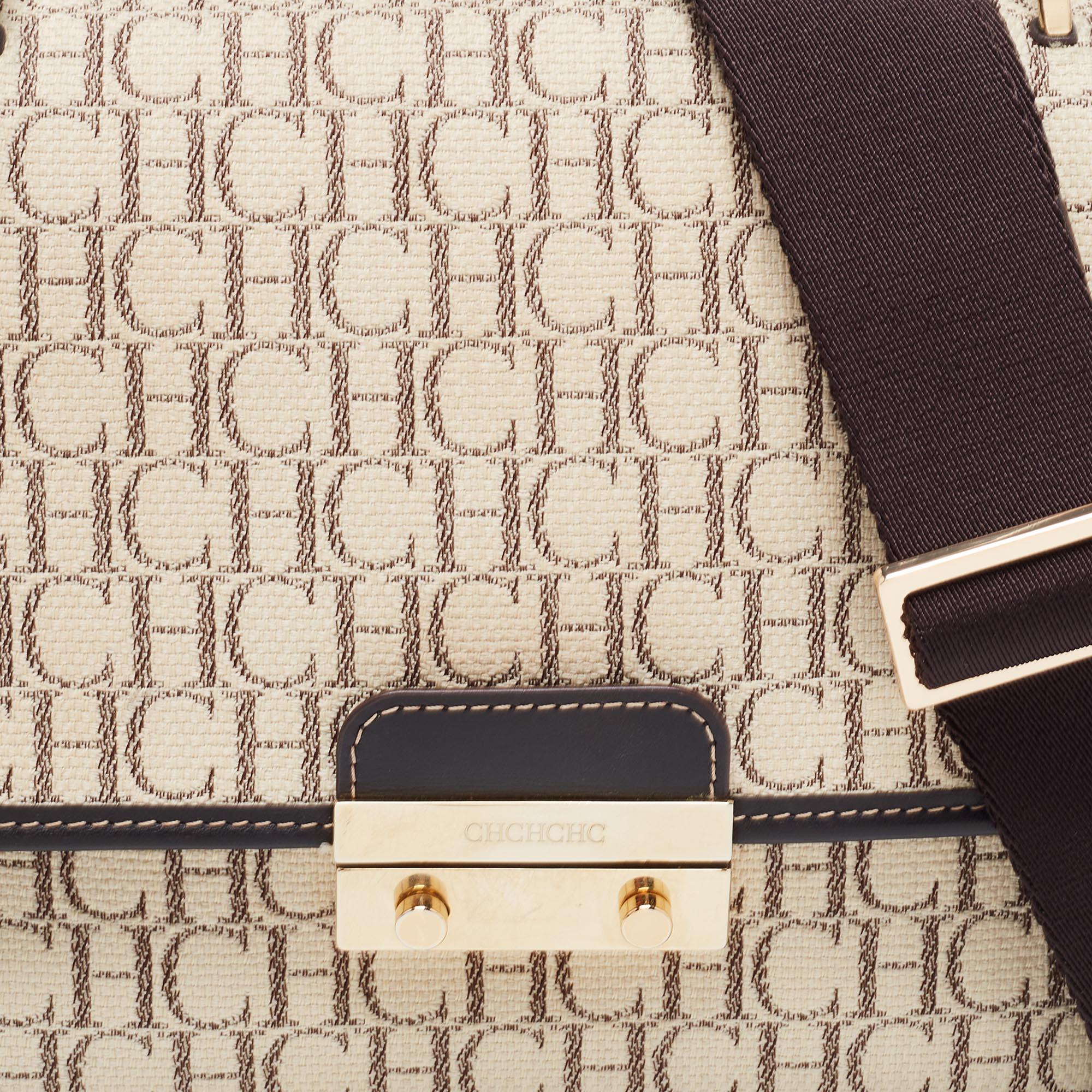 CH Carolina Herrera Beige/Brown Monogram Canvas and Leather Top Handle Bag In Good Condition In Dubai, Al Qouz 2