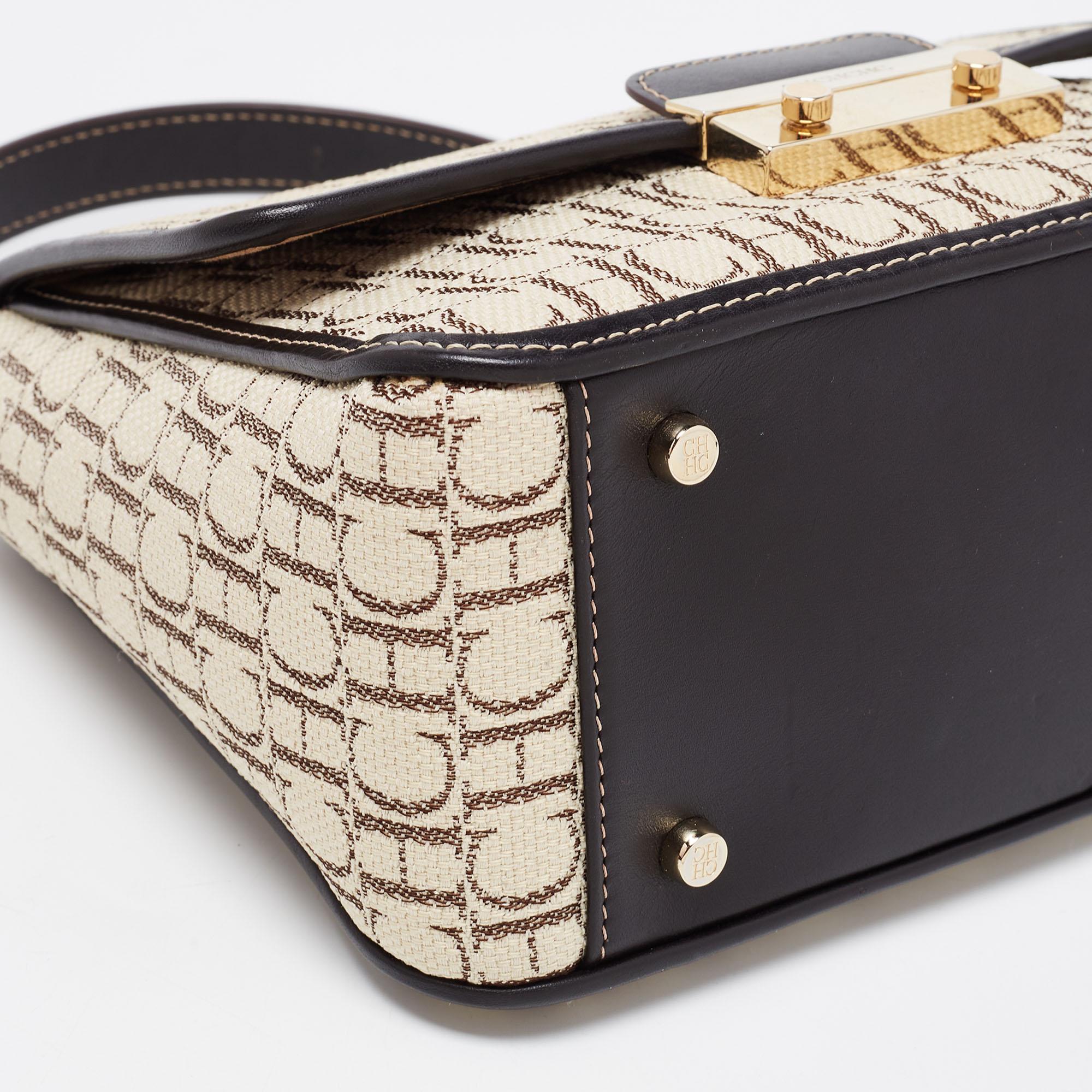 Women's CH Carolina Herrera Beige/Brown Monogram Canvas and Leather Top Handle Bag