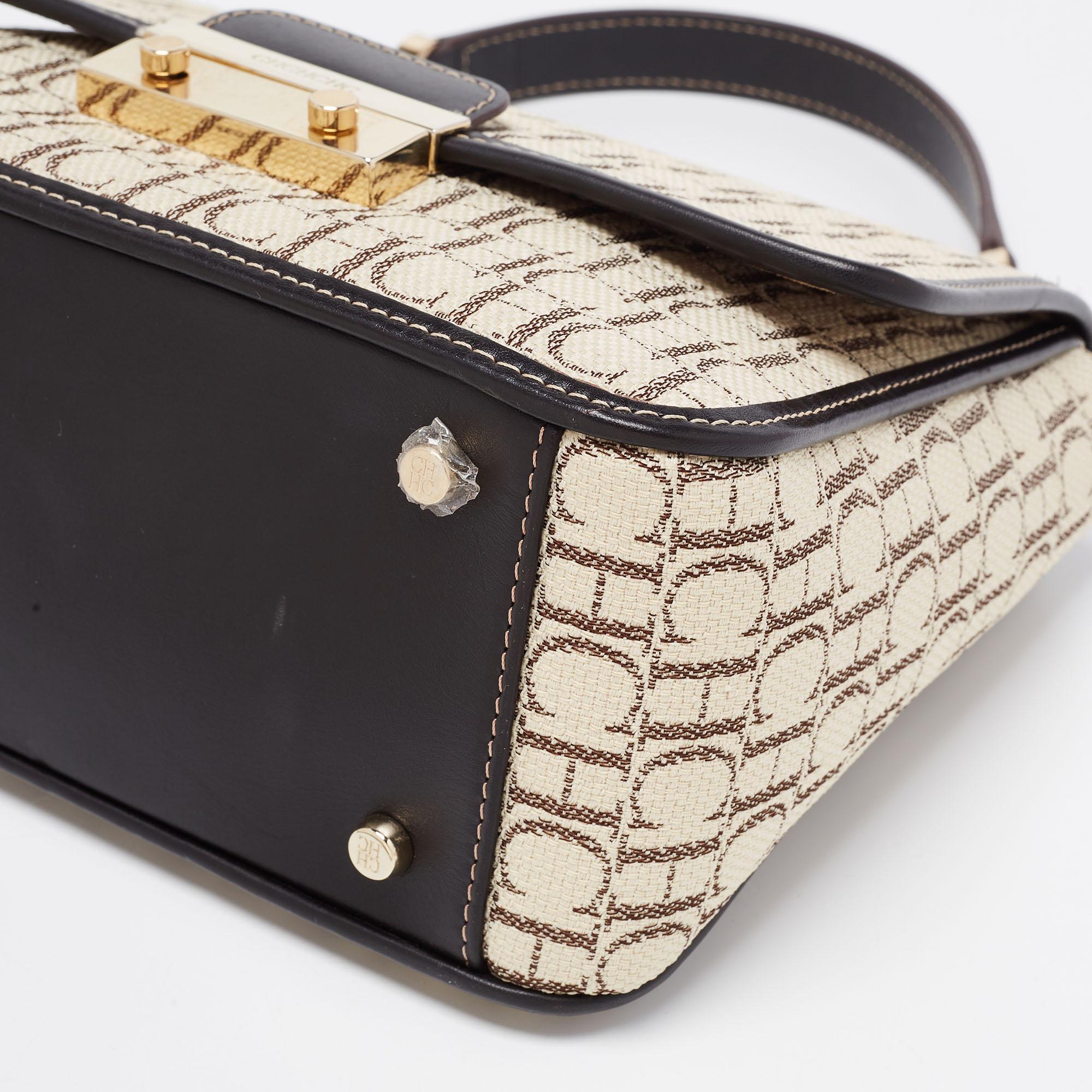 CH Carolina Herrera Beige/Brown Monogram Canvas and Leather Top Handle Bag 1