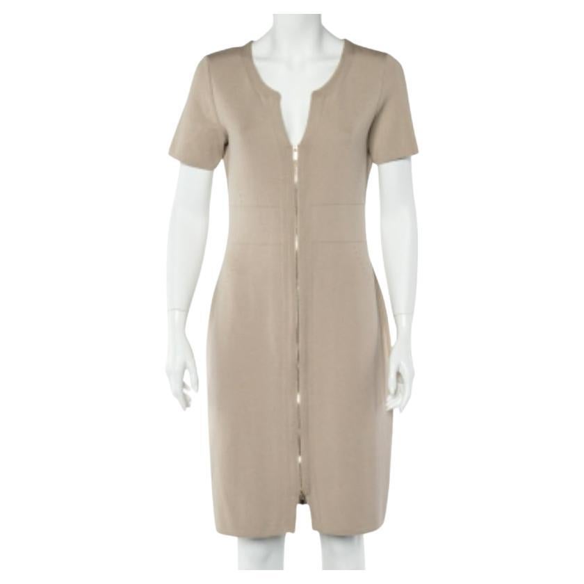 CH Carolina Herrera Beige Knit Zip Front Fitted Dress M
