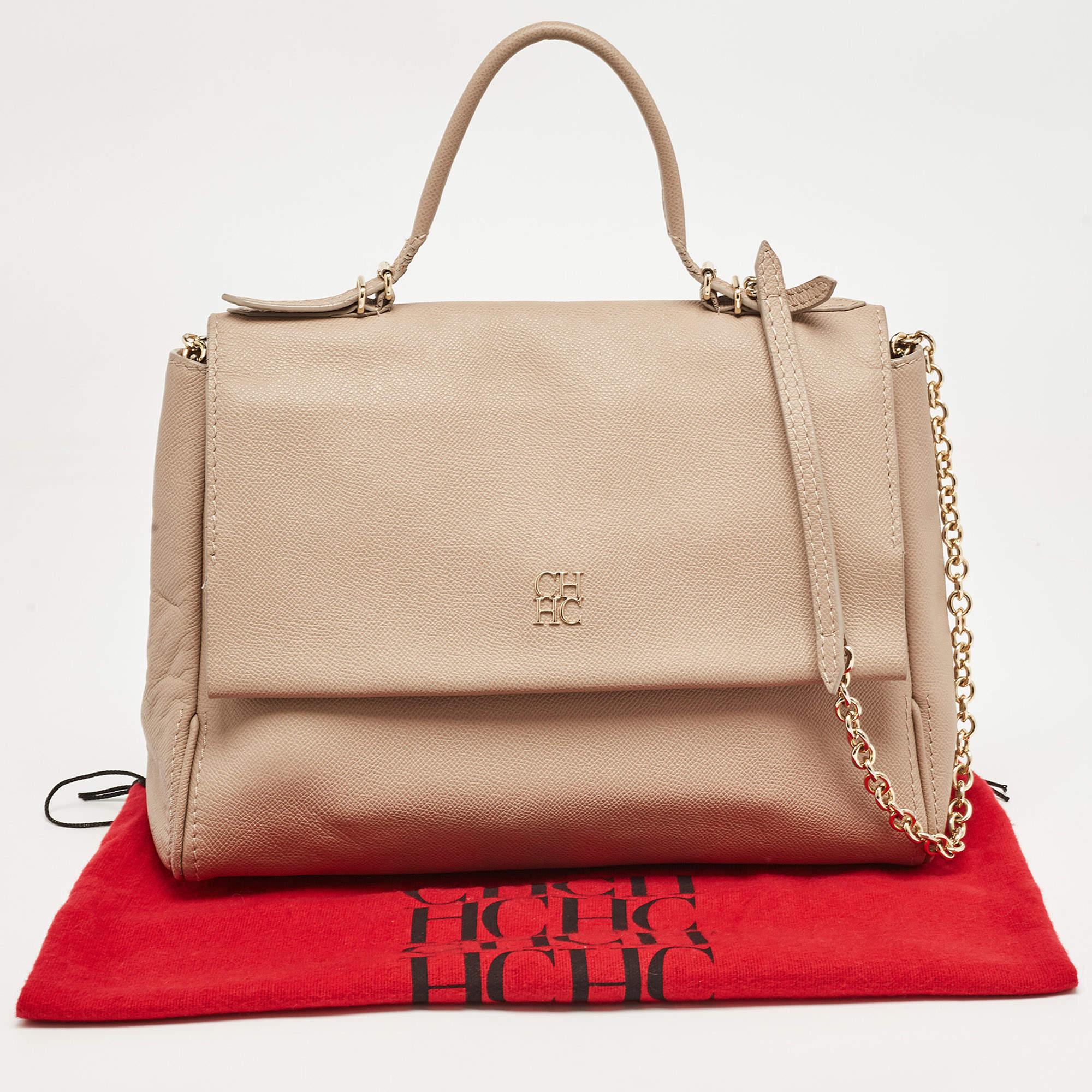 CH Carolina Herrera Beige Leather Minuetto Flap Top Handle Bag For Sale 16