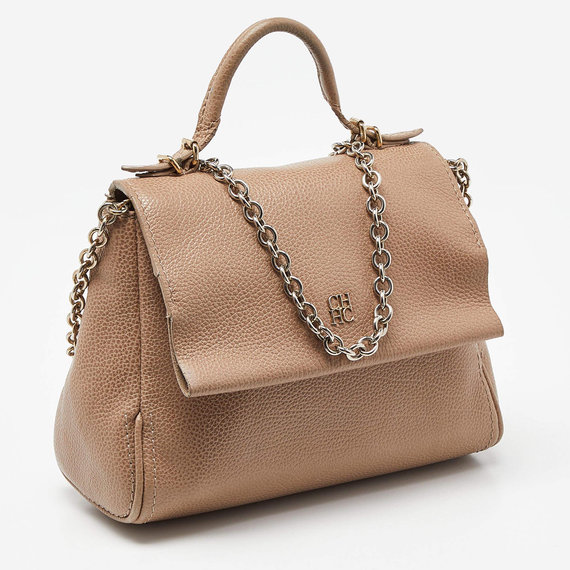 CH Carolina Herrera Beige Leather Minuetto Flap Top Handle Bag In Good Condition In Dubai, Al Qouz 2