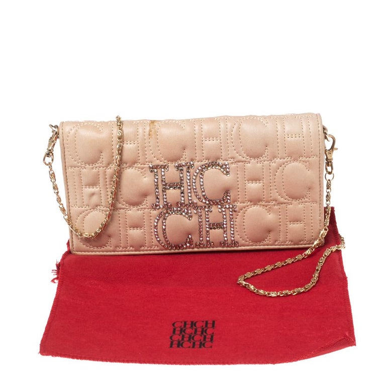 CH Carolina Herrera Beige Monogram Quilted Leather Crystal CH Wallet On  Chain For Sale at 1stDibs