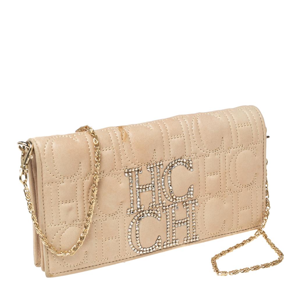 Women's CH Carolina Herrera Beige Monogram Quilted Leather Crystal CH Wallet On Chain