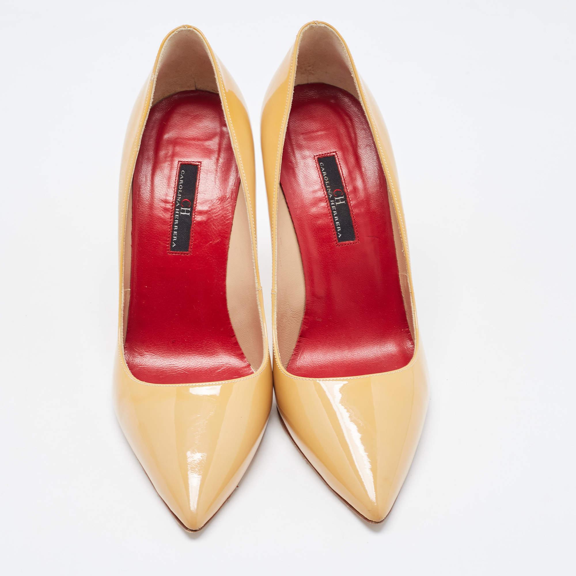 Orange CH Carolina Herrera Beige Patent Leather Pointed Toe Pumps Size 38
