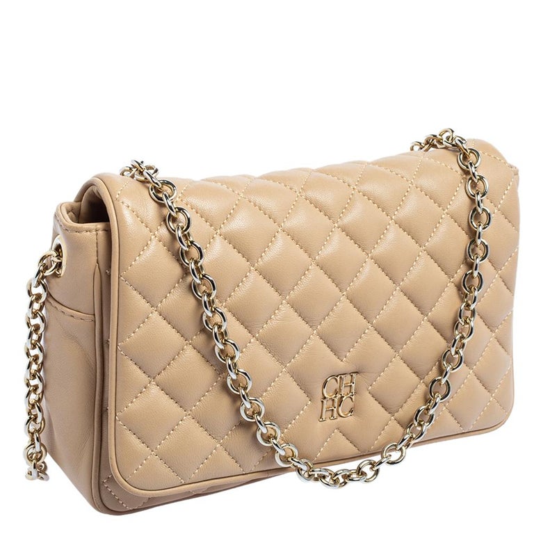CH Carolina Herrera Beige Quilted Leather Flap Chain Shoulder Bag For Sale  at 1stDibs
