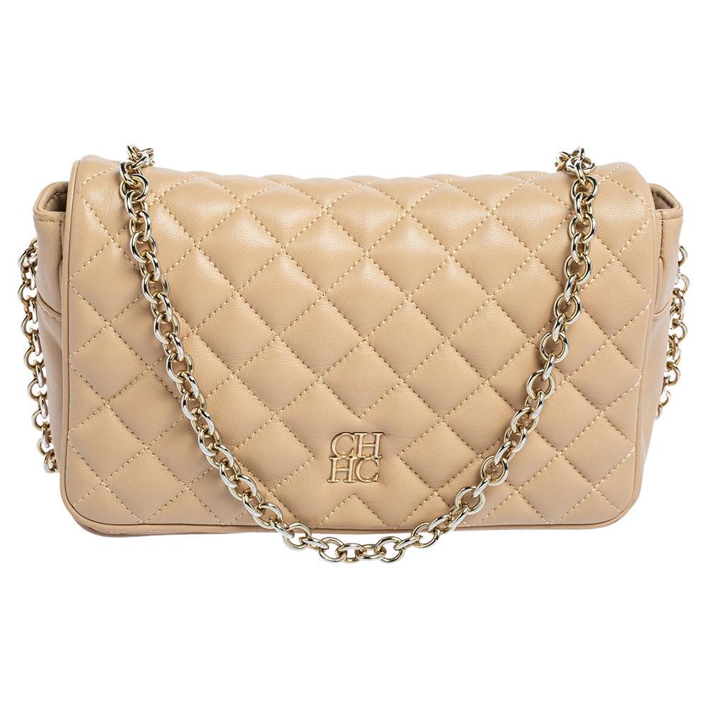 CH Carolina Herrera Beige Quilted Leather Flap Chain Shoulder Bag at 1stDibs