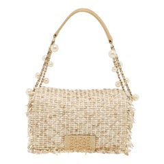 CH Carolina Herrera Beige Tweed Leather Faux Pearl Embellished Shoulder Bag