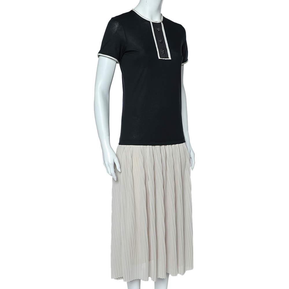 Gray CH Carolina Herrera Black & Beige Cotton & Silk Plisse Detail Midi Dress XS For Sale
