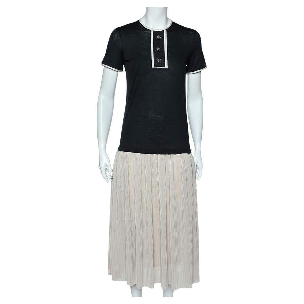 CH Carolina Herrera Black & Beige Cotton & Silk Plisse Detail Midi Dress XS For Sale
