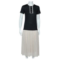CH Carolina Herrera Black & Beige Cotton & Silk Plisse Detail Midi Dress XS