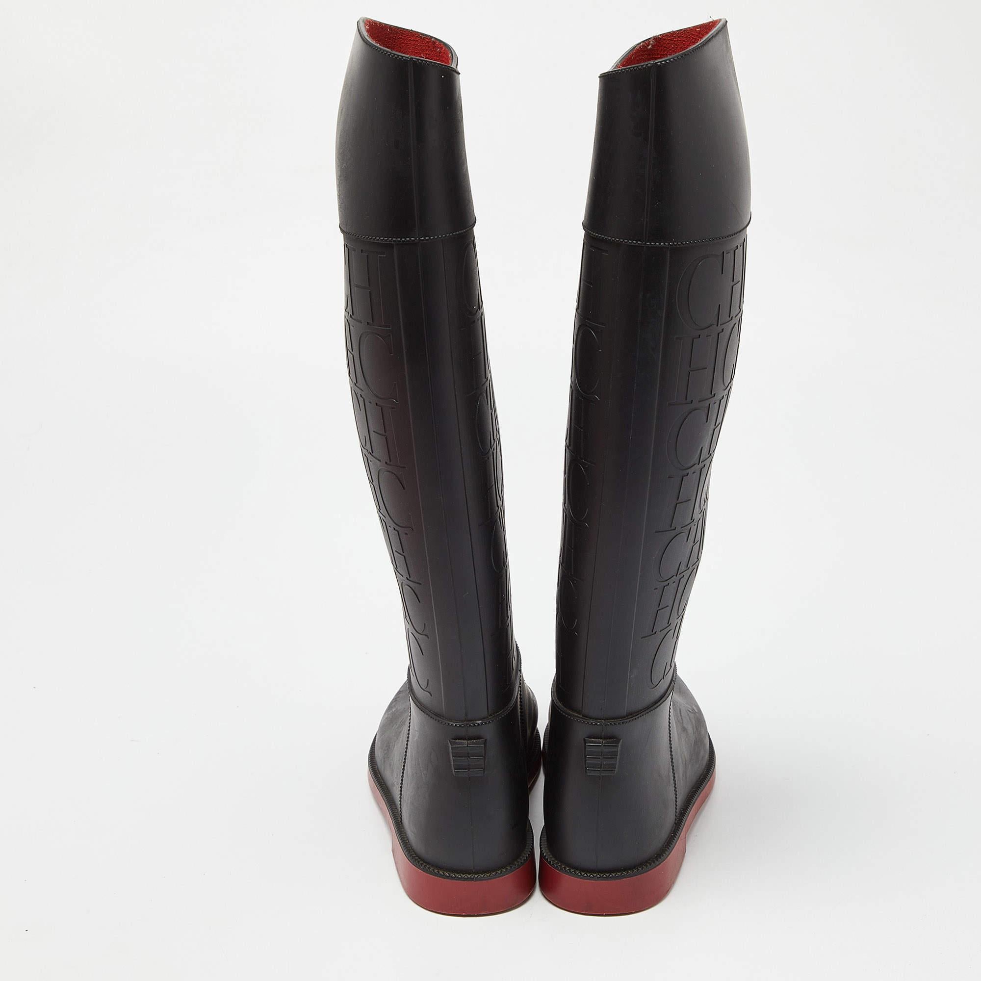 CH Carolina Herrera Black Embossed Rubber Rain Boots Size 38 For Sale 2