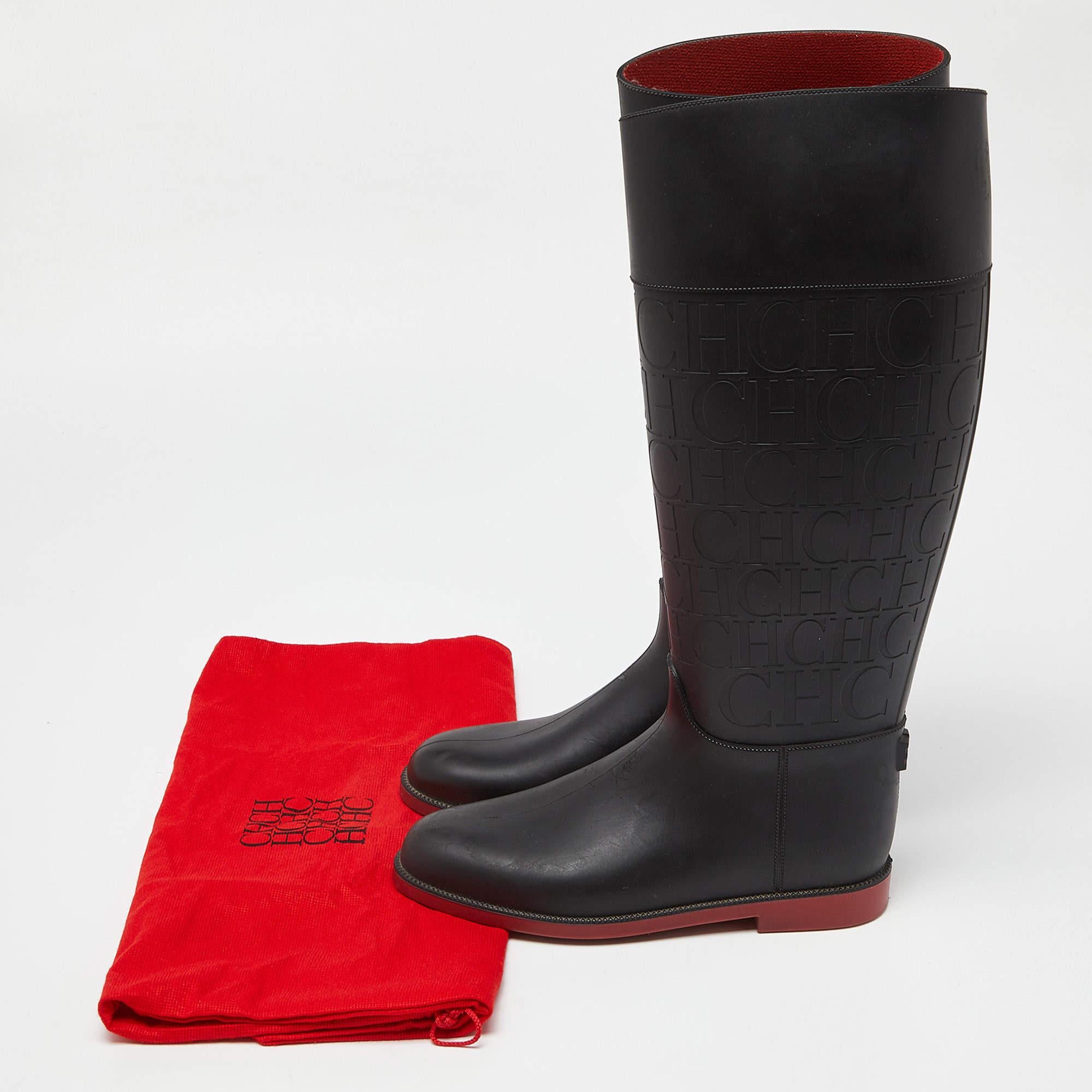 CH Carolina Herrera Black Embossed Rubber Rain Boots Size 38 For Sale 3