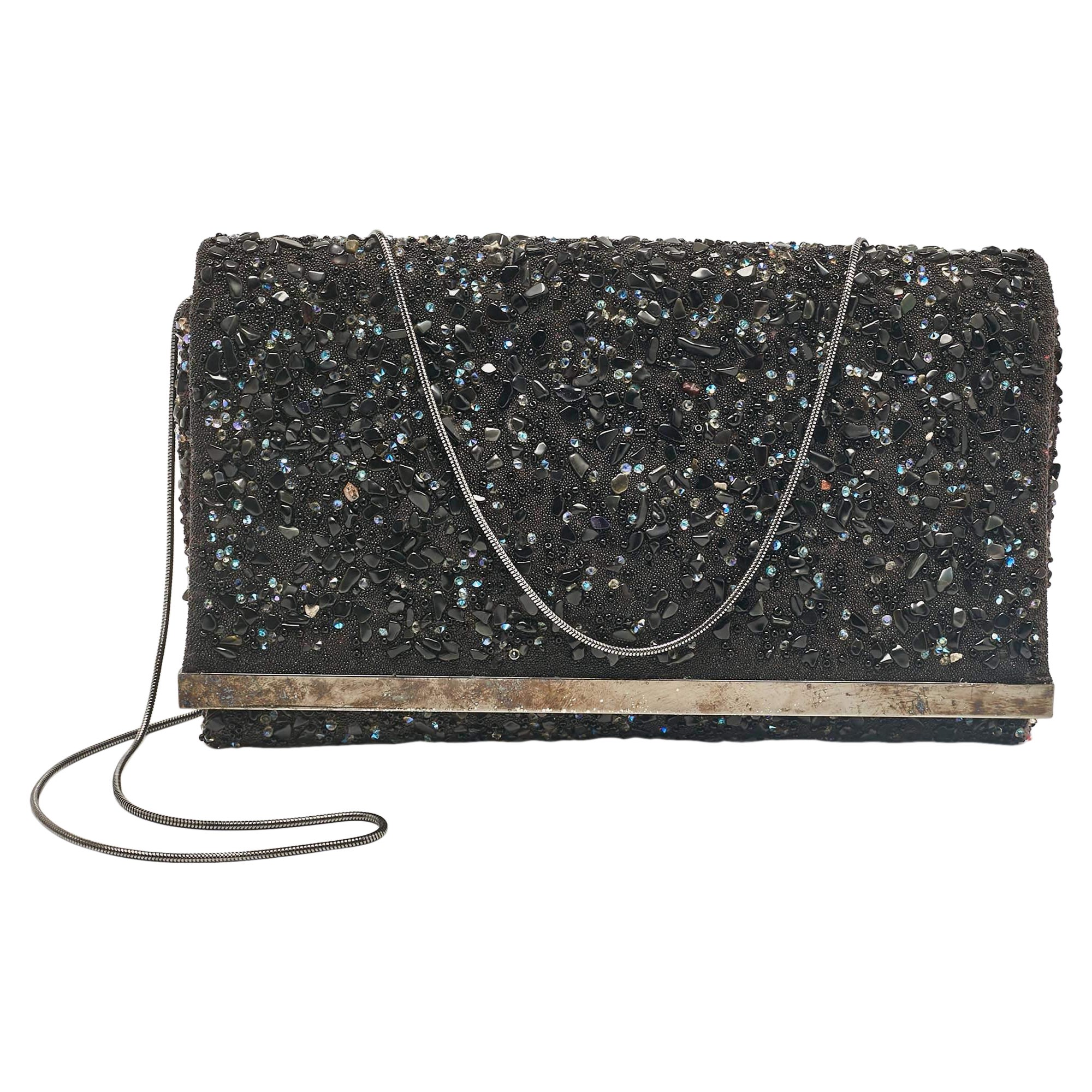 CH Carolina Herrera Bolso de cadena de tela negro adornado con cuentas de tela