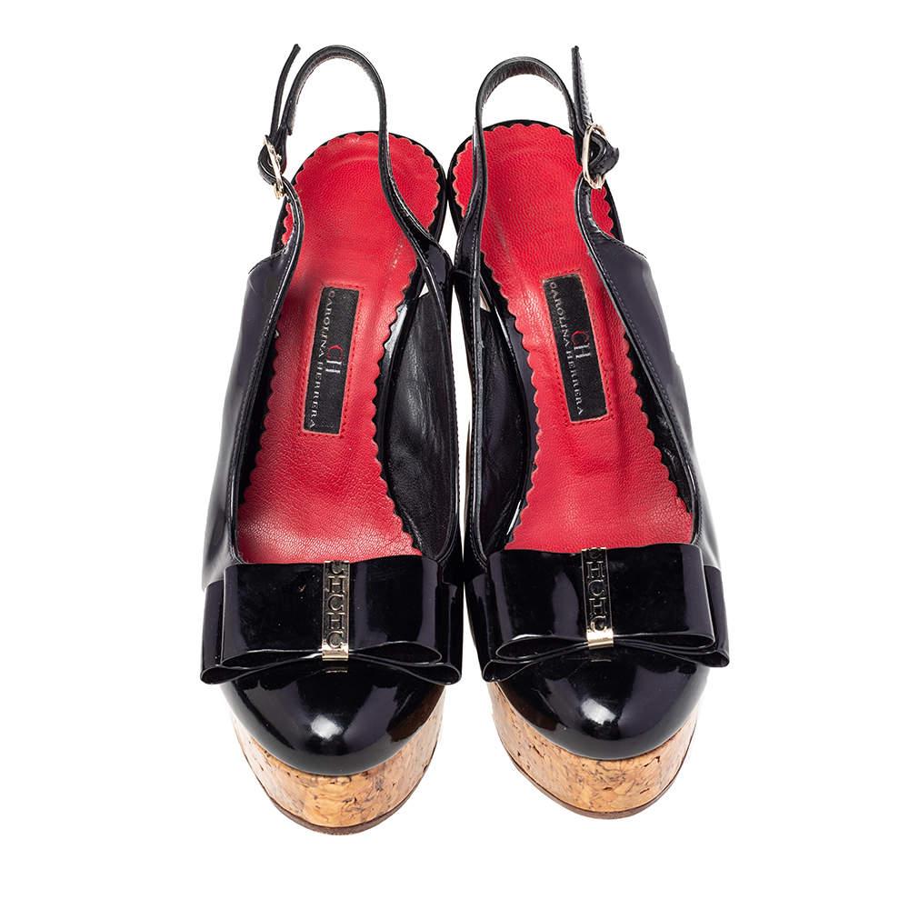 Brown CH Carolina Herrera Black Leather Bow Wedge Sandals Size 37
