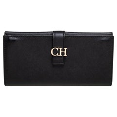 CH Carolina Herrera Black Leather CH Logo Flap French Continental Wallet