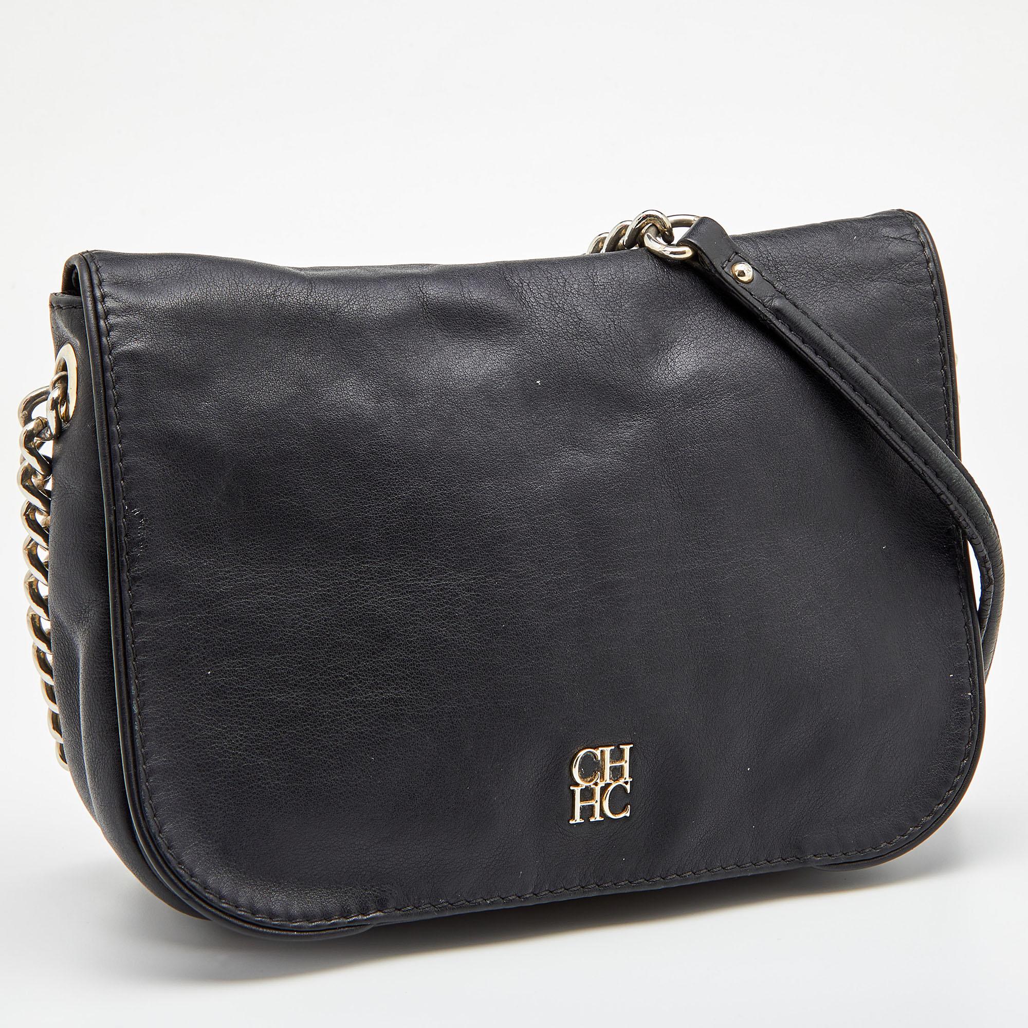 CH Carolina Herrera Black Leather Chain Flap Shoulder Bag 1