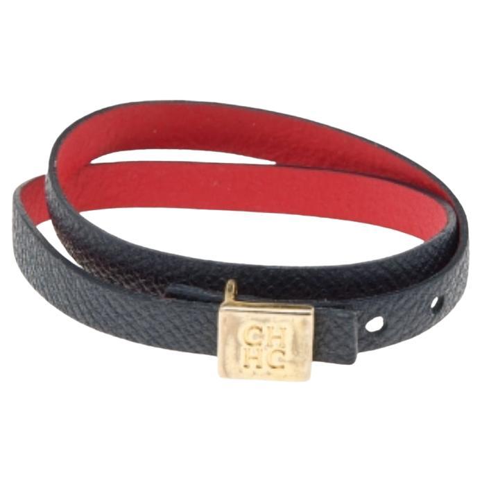 CH Carolina Herrera Black Leather Double Wrap Bracelet