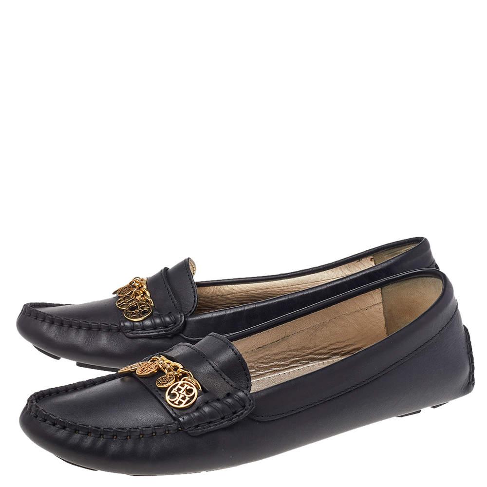 De las mujeres CH Carolina Herrera Cuero Negro Logotipo Detalle Encanto Mocasines Slip On Talla 39