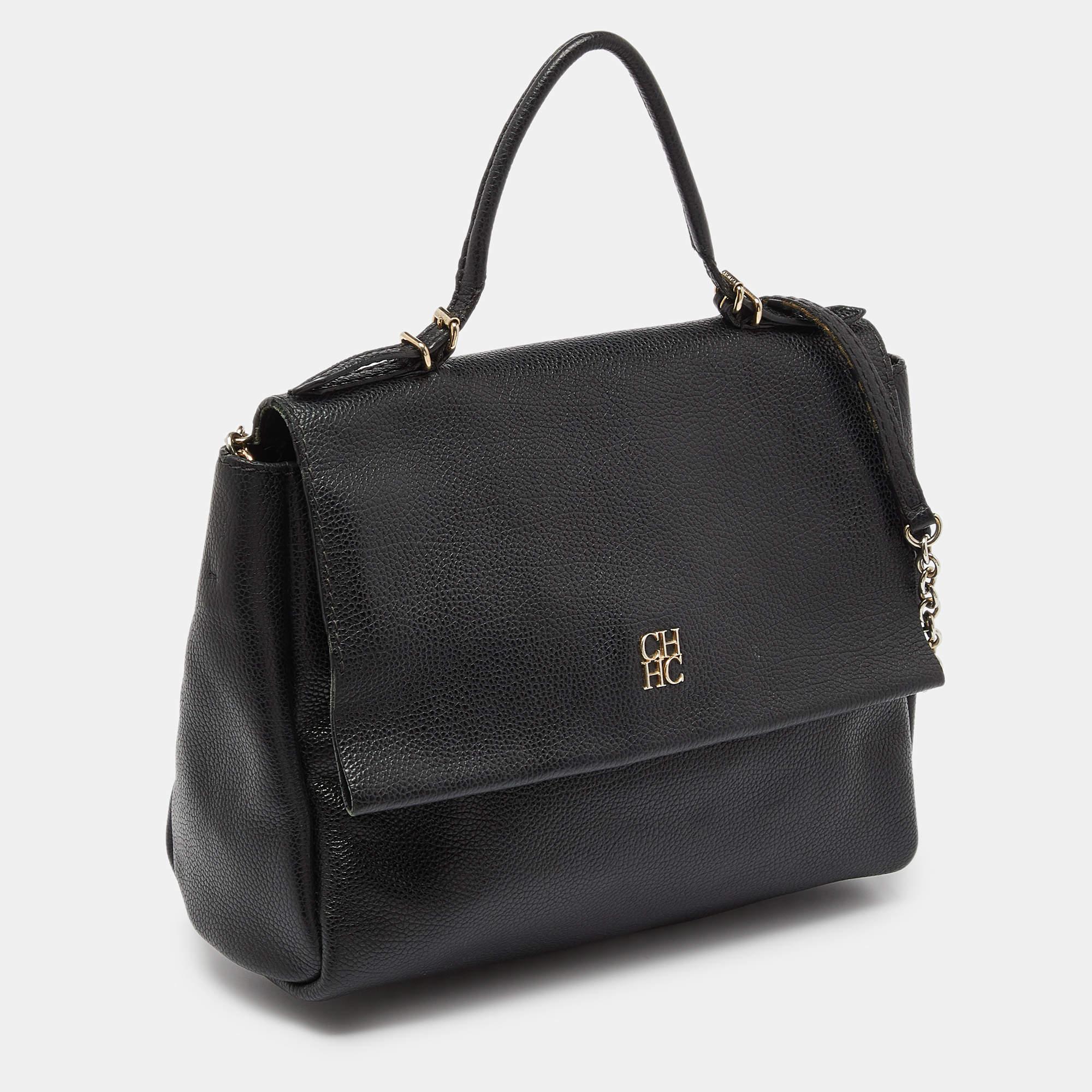 CH Carolina Herrera Black Leather Minuetto Flap Top Handle Bag In Fair Condition In Dubai, Al Qouz 2
