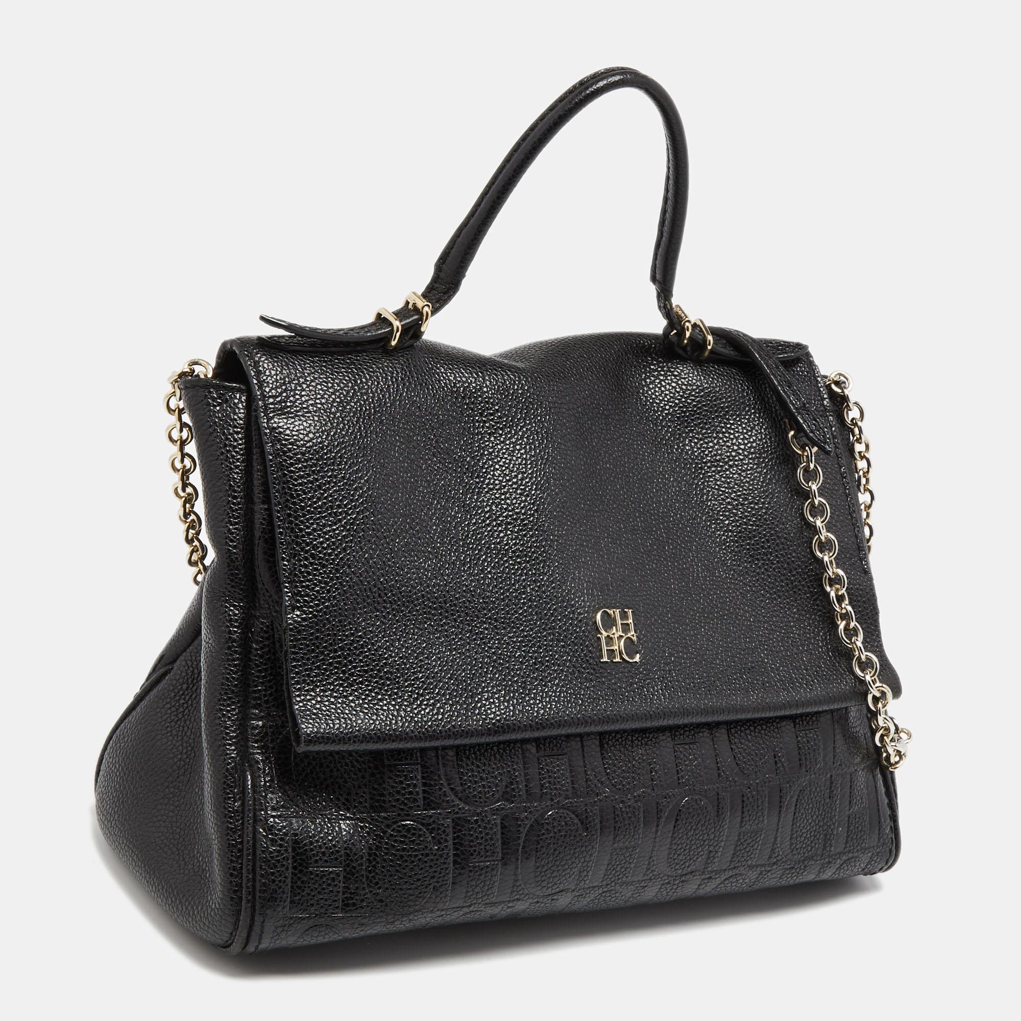Women's CH Carolina Herrera Black Leather Minuetto Flap Top Handle Bag