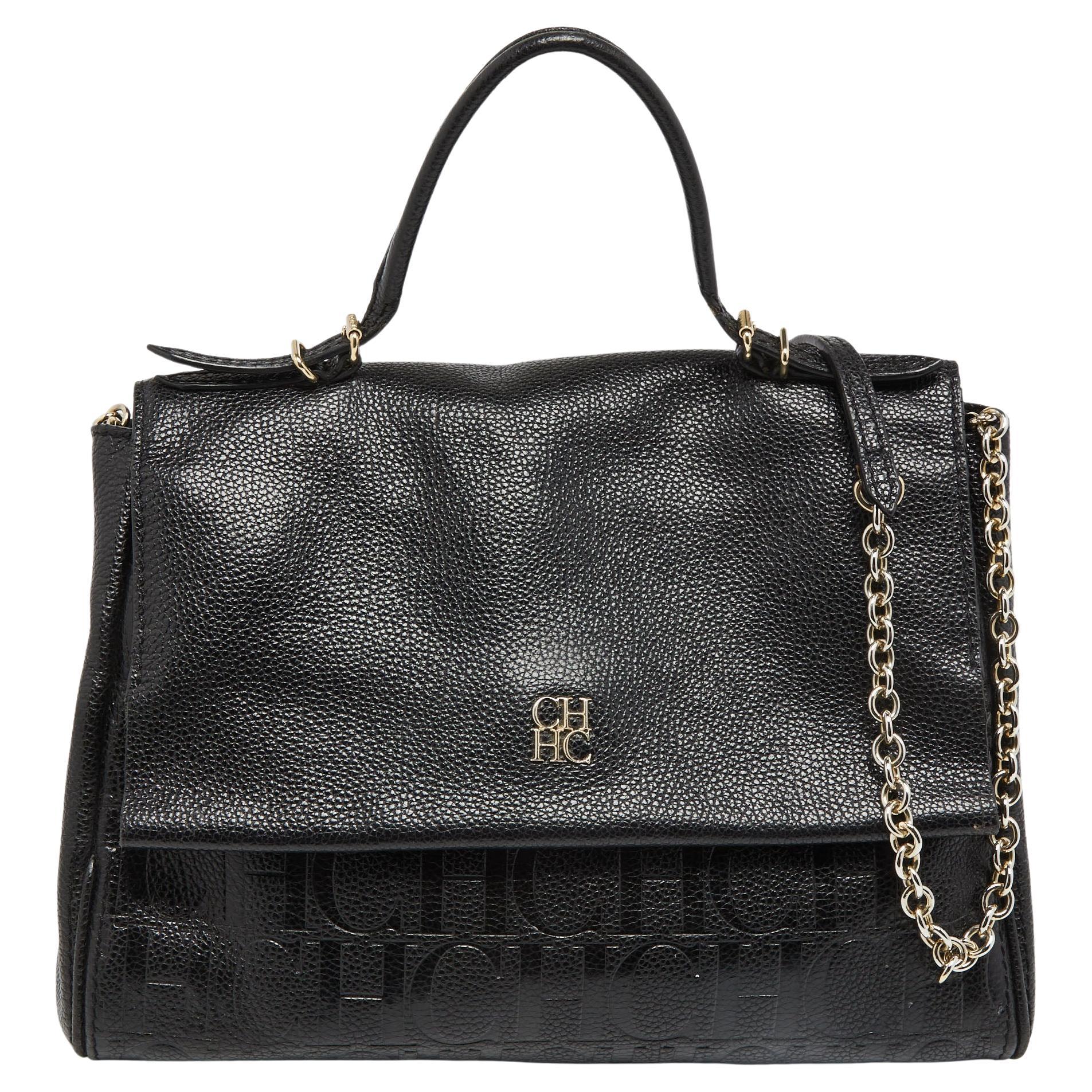 CH Carolina Herrera Black Leather Minuetto Flap Top Handle Bag