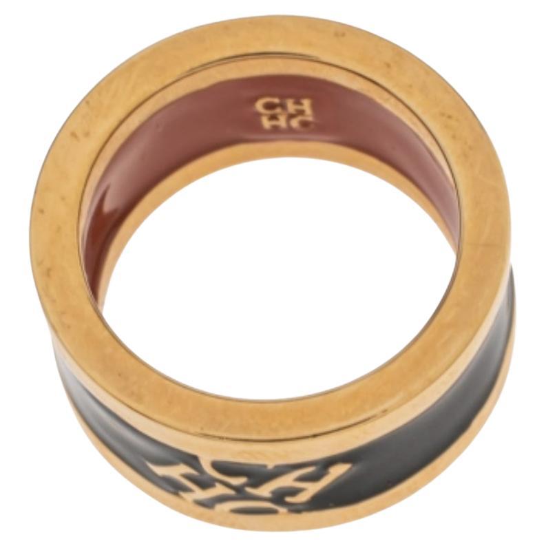 CH Carolina Herrera Black Logo Enamel Gold Tone Band Ring EU 56