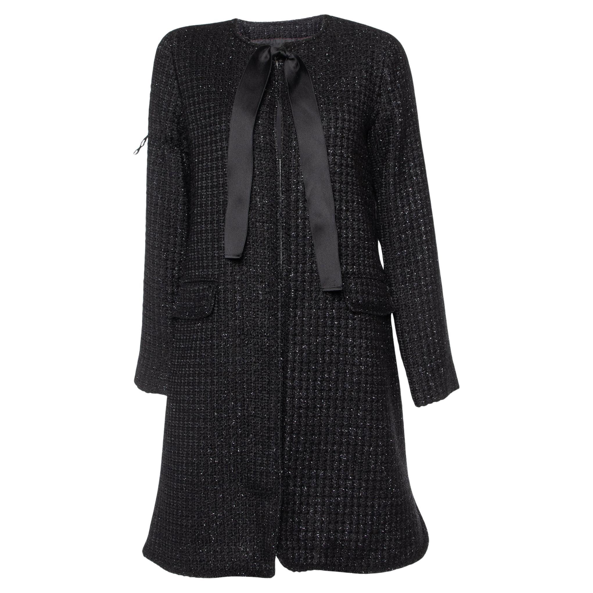 CH Carolina Herrera Black Lurex Tweed Mid Length Coat M For Sale
