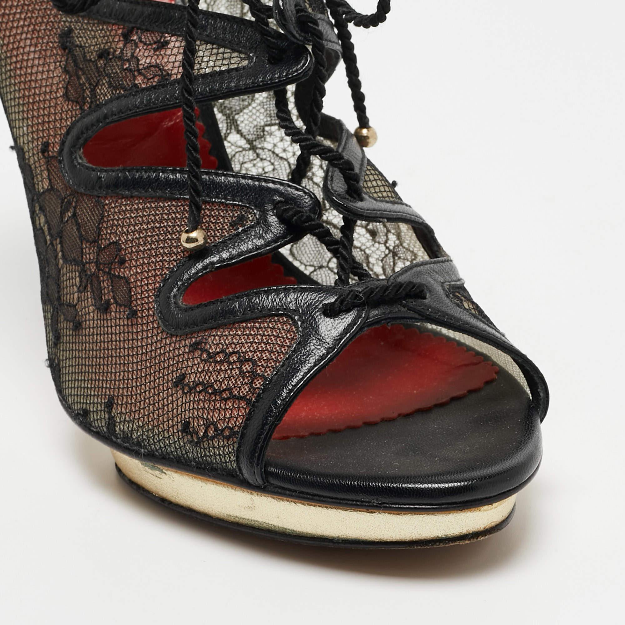 CH Carolina Herrera Black Mesh and Leather Lace UpAnkle Boots Size 37 For Sale 3