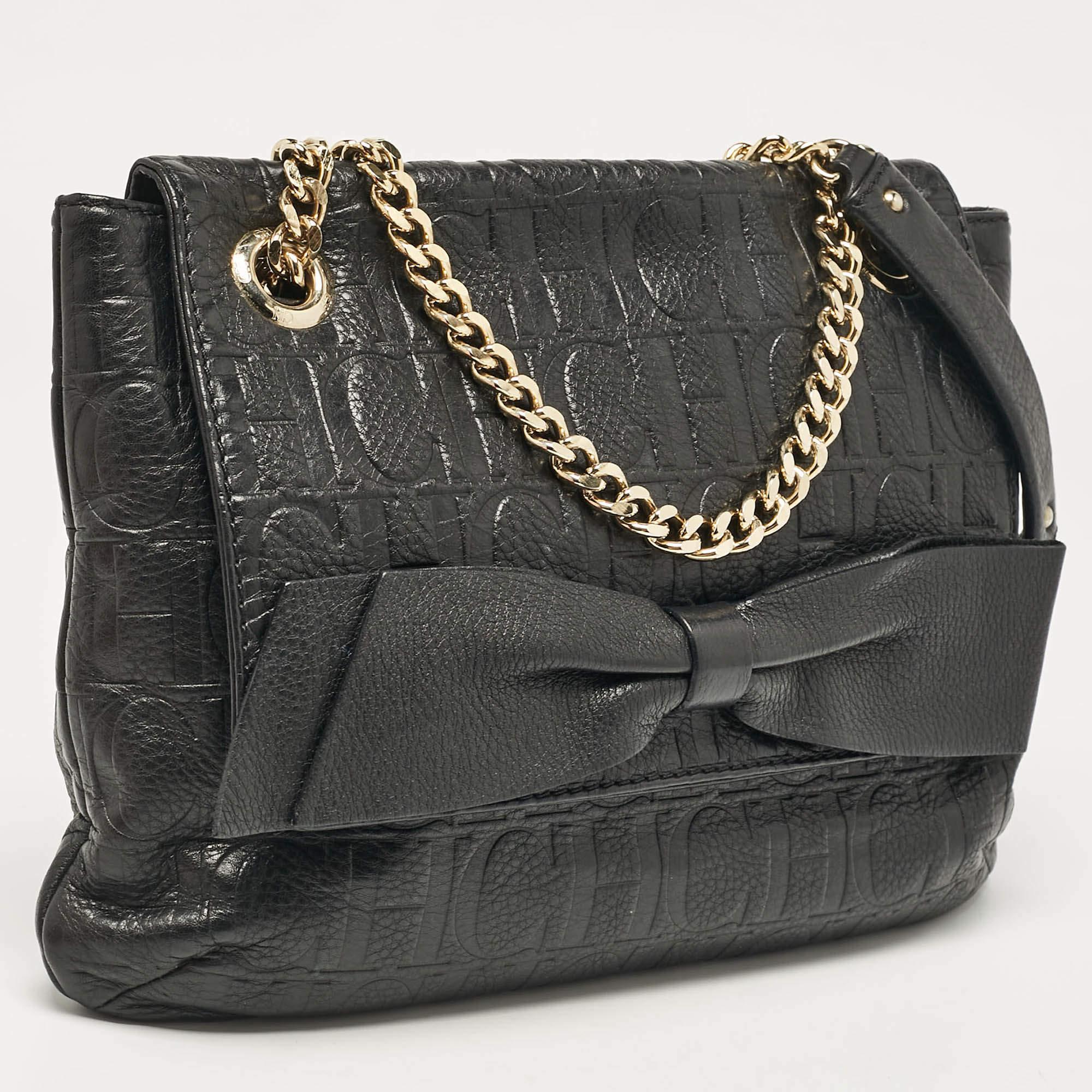 CH Carolina Herrera Black Monogram Embossed Leather Audrey Shoulder Bag In Good Condition In Dubai, Al Qouz 2
