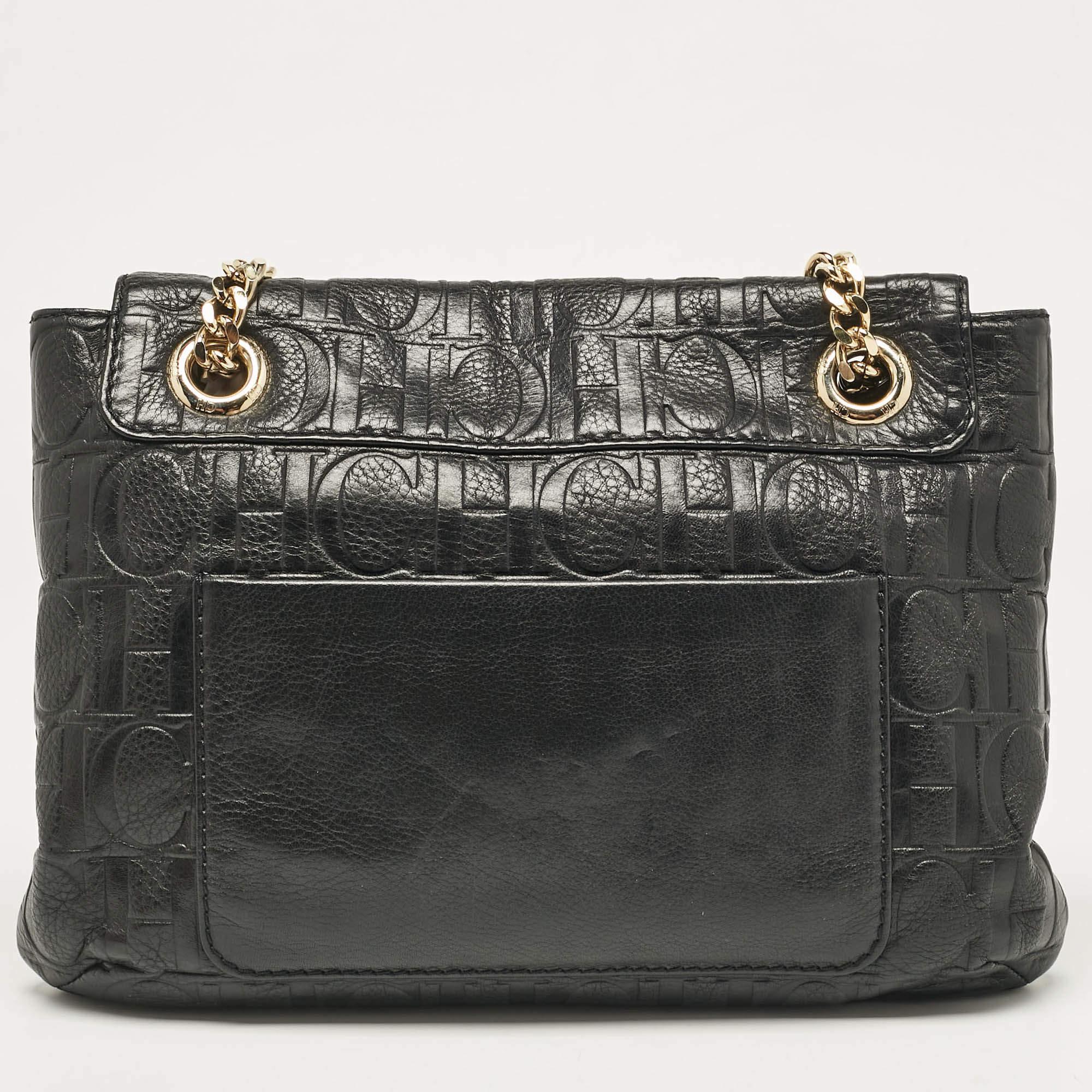 Women's CH Carolina Herrera Black Monogram Embossed Leather Audrey Shoulder Bag