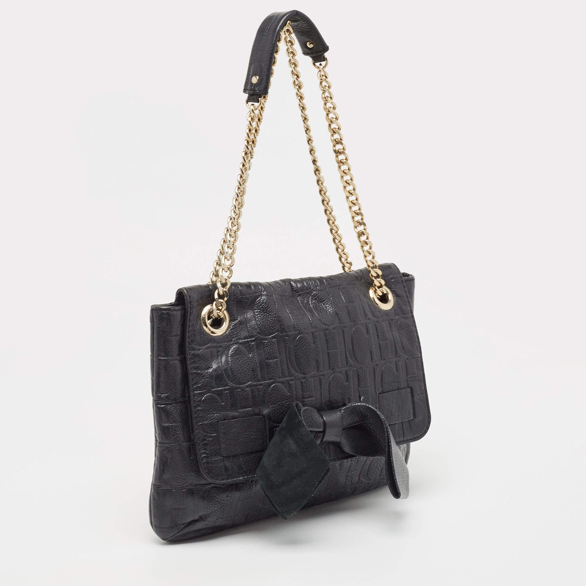 CH Carolina Herrera Black Monogram Leather Audrey Shoulder Bag For Sale 8