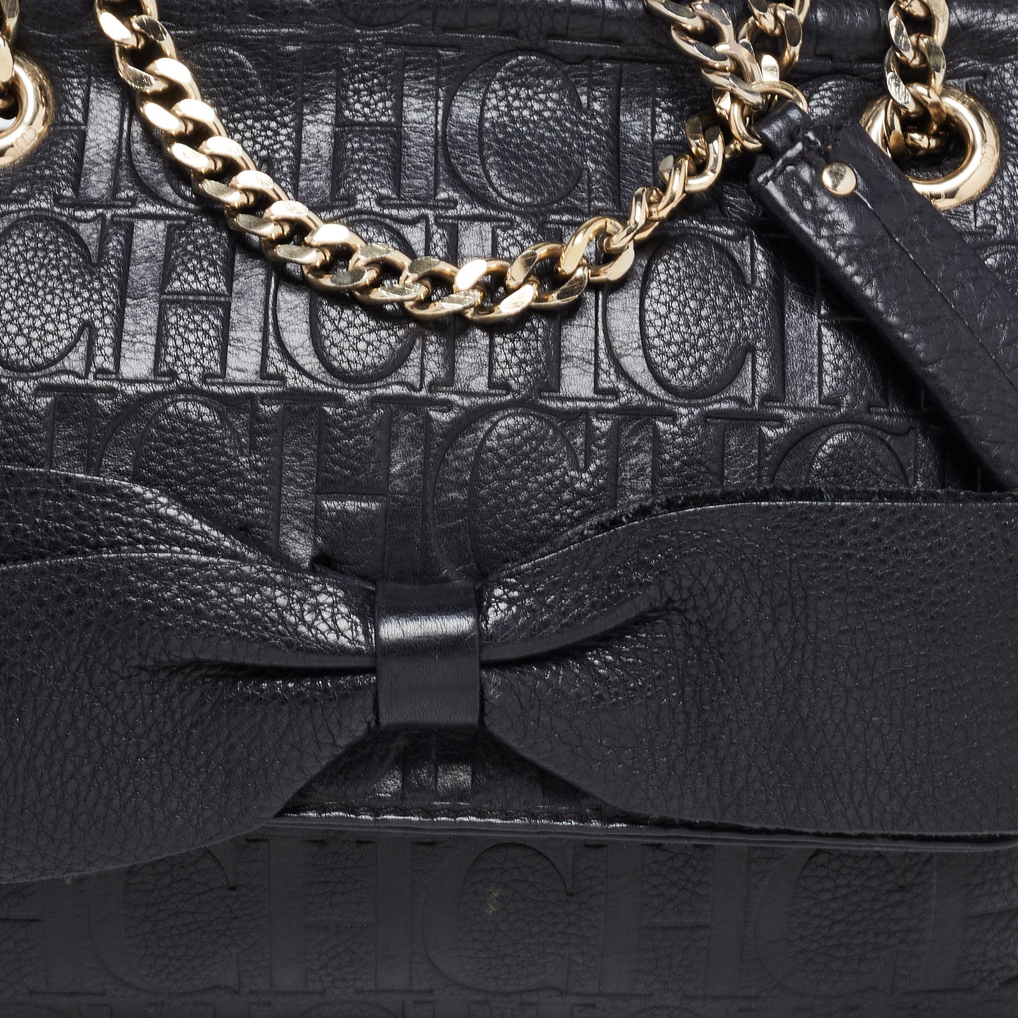 CH Carolina Herrera Black Monogram Leather Audrey Shoulder Bag In Good Condition In Dubai, Al Qouz 2