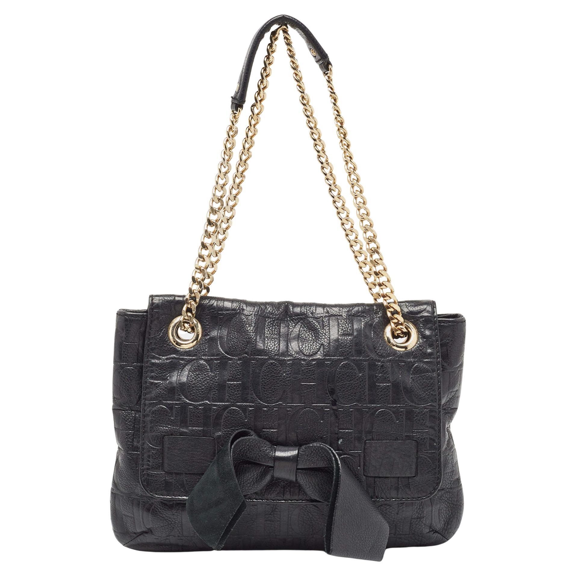 CH Carolina Herrera Black Monogram Leather Audrey Shoulder Bag For Sale