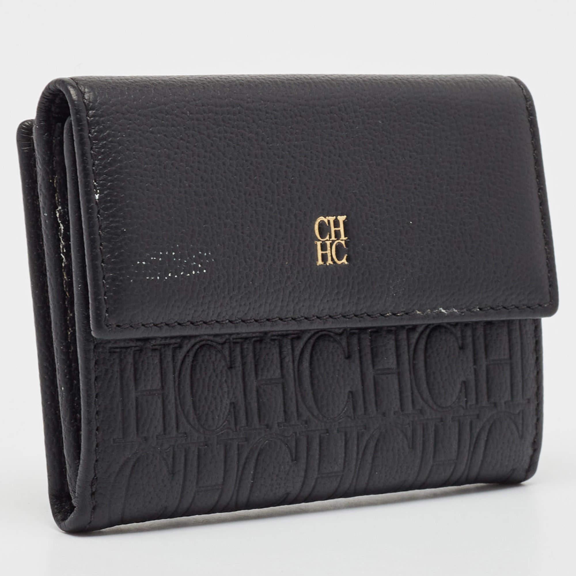 CH Carolina Herrera Black Monogram Leather Compact Wallet For Sale 1