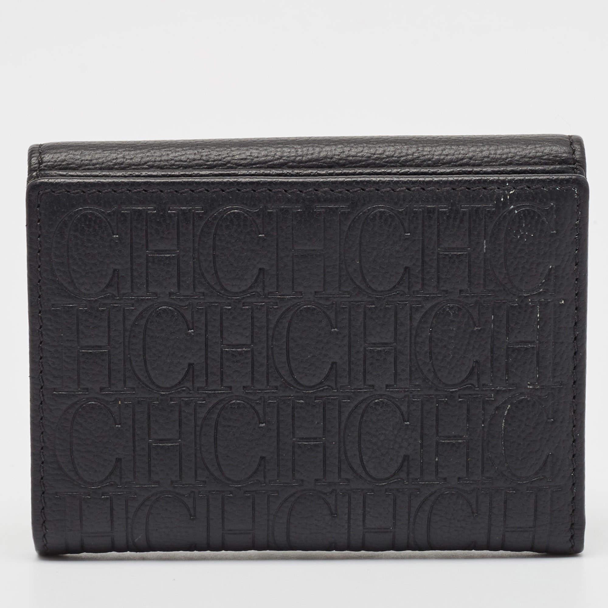 CH Carolina Herrera Black Monogram Leather Compact Wallet For Sale 2